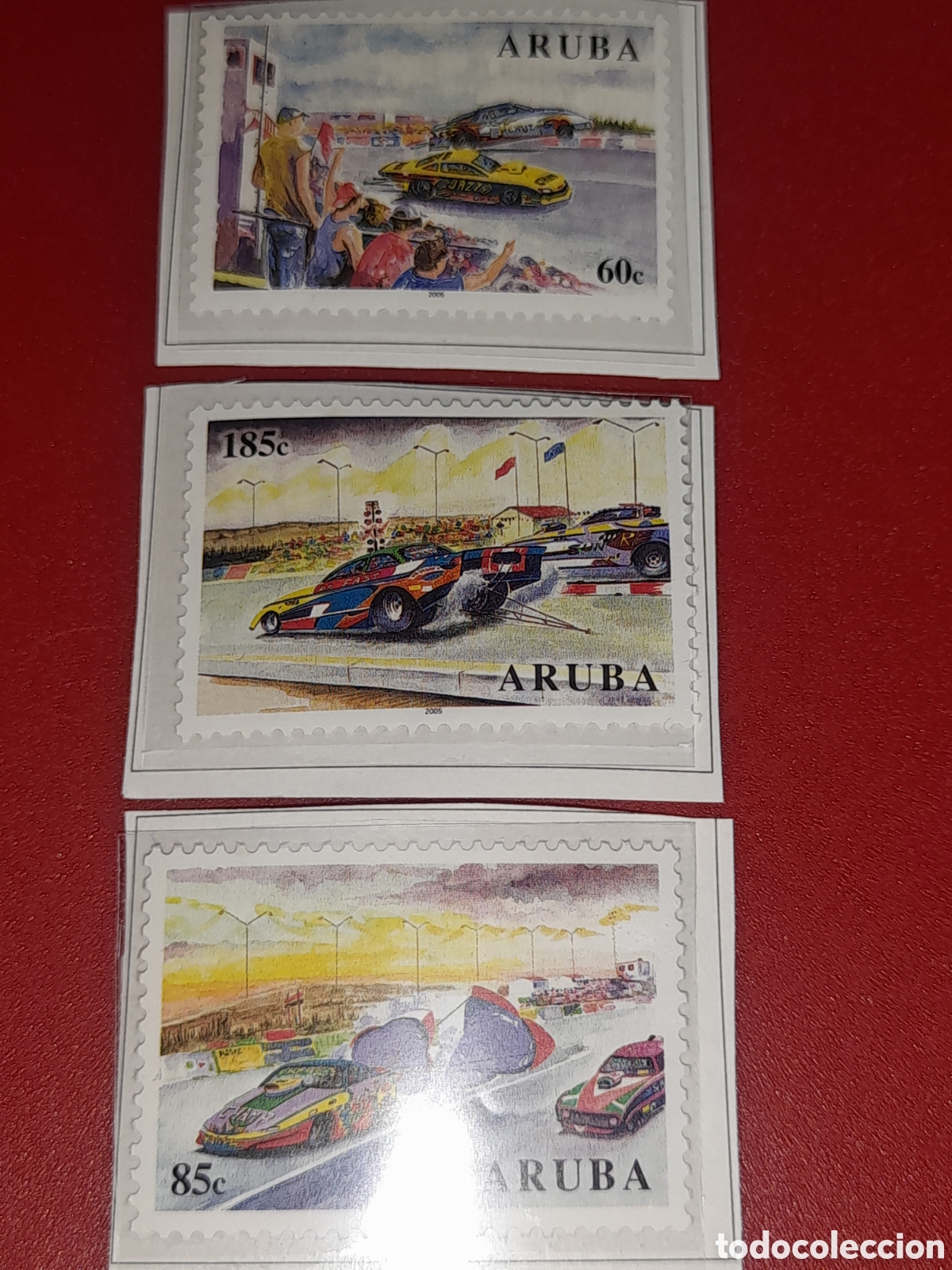 Sellos: Sello Aruba nuevo 2005. Carreras automovilismo, coches. Deporte. Paraca&iacute;das.