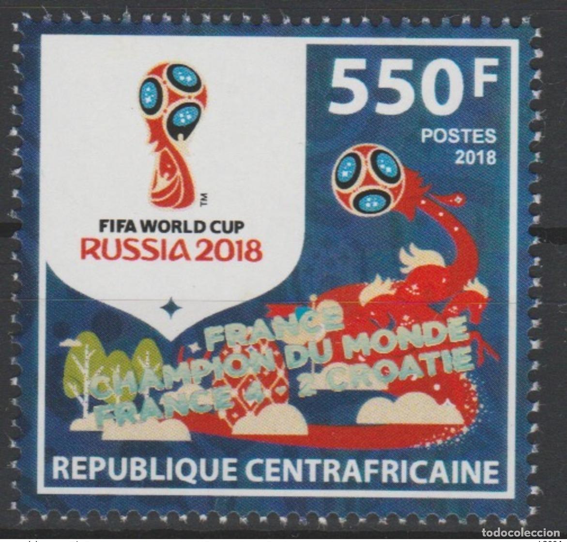 Sellos: Rep&uacute;blica Centroafricana 2018 surch. (I) FRANCIA CAMPEONA de la Copa Mundial FIFA Rusia F&uacute;tbol