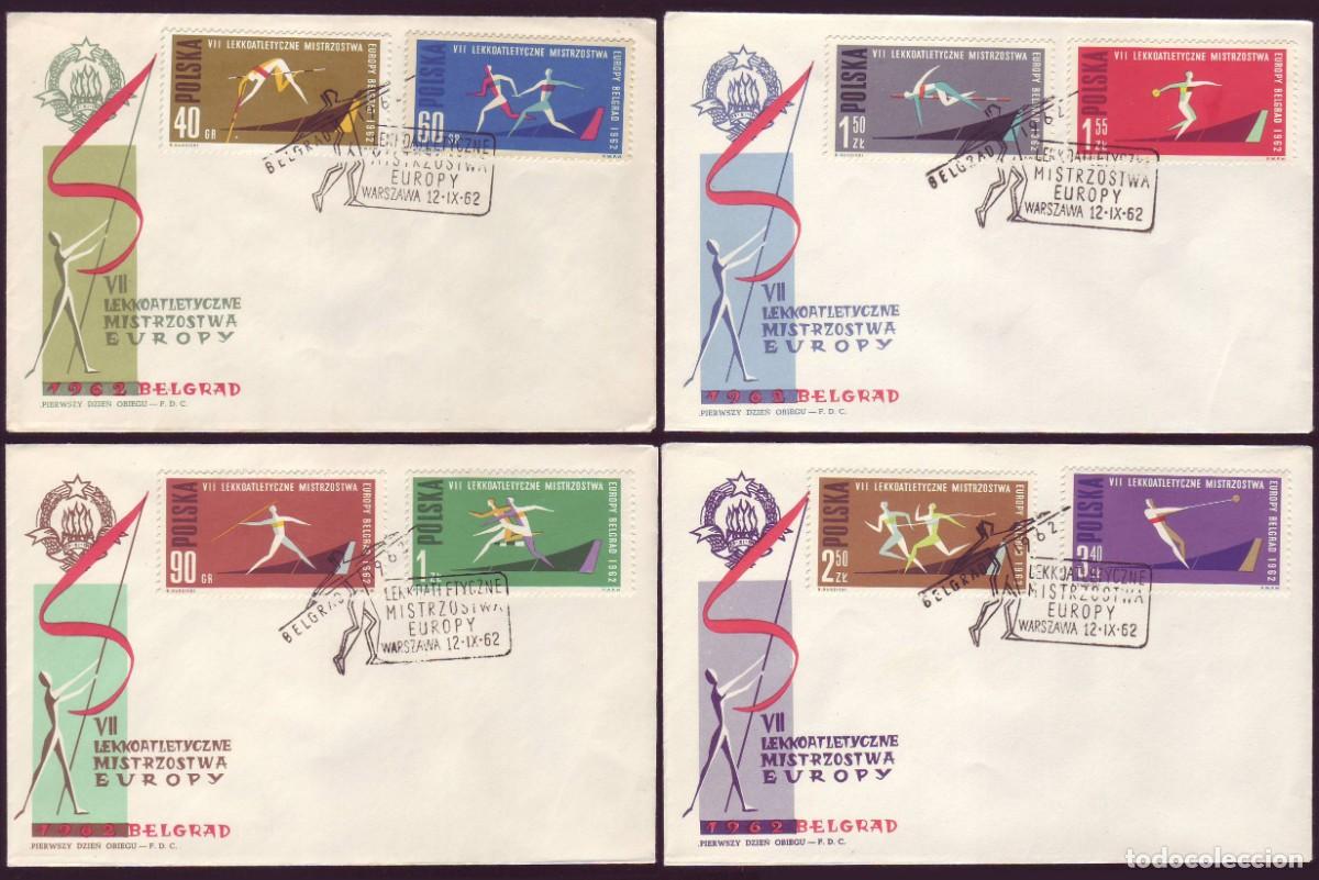 Sellos: 4 FDC Polonia, 1962 | VII Euro Athletics Championships | Yv: 1198/205 - Mi: 1338/45 - Sc: 1079/86