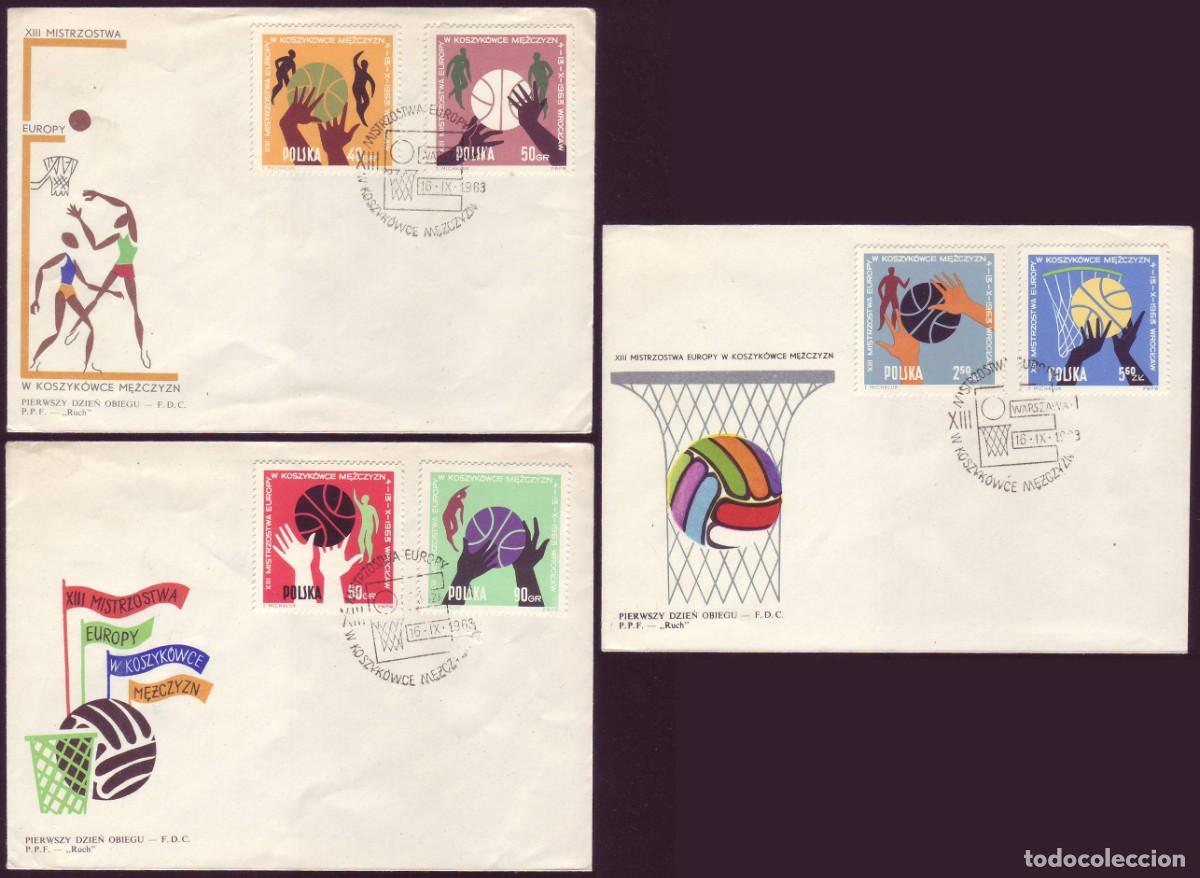 Sellos: 3 FDC Polonia, 1963 | 13th European Basketball Championship | Yv: 1284/9 - Mi: 1418/23 - Sc: 1159/65