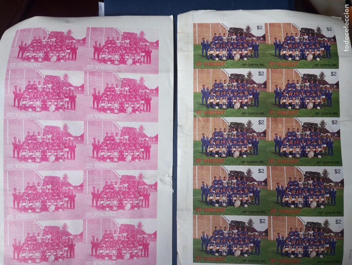 Sellos: FUTBOL, 1988 EQUIPO DE EVERTON. MINIPLIEGO DE ST VICENT Y PRUEBA DE COLOR MAGENTA