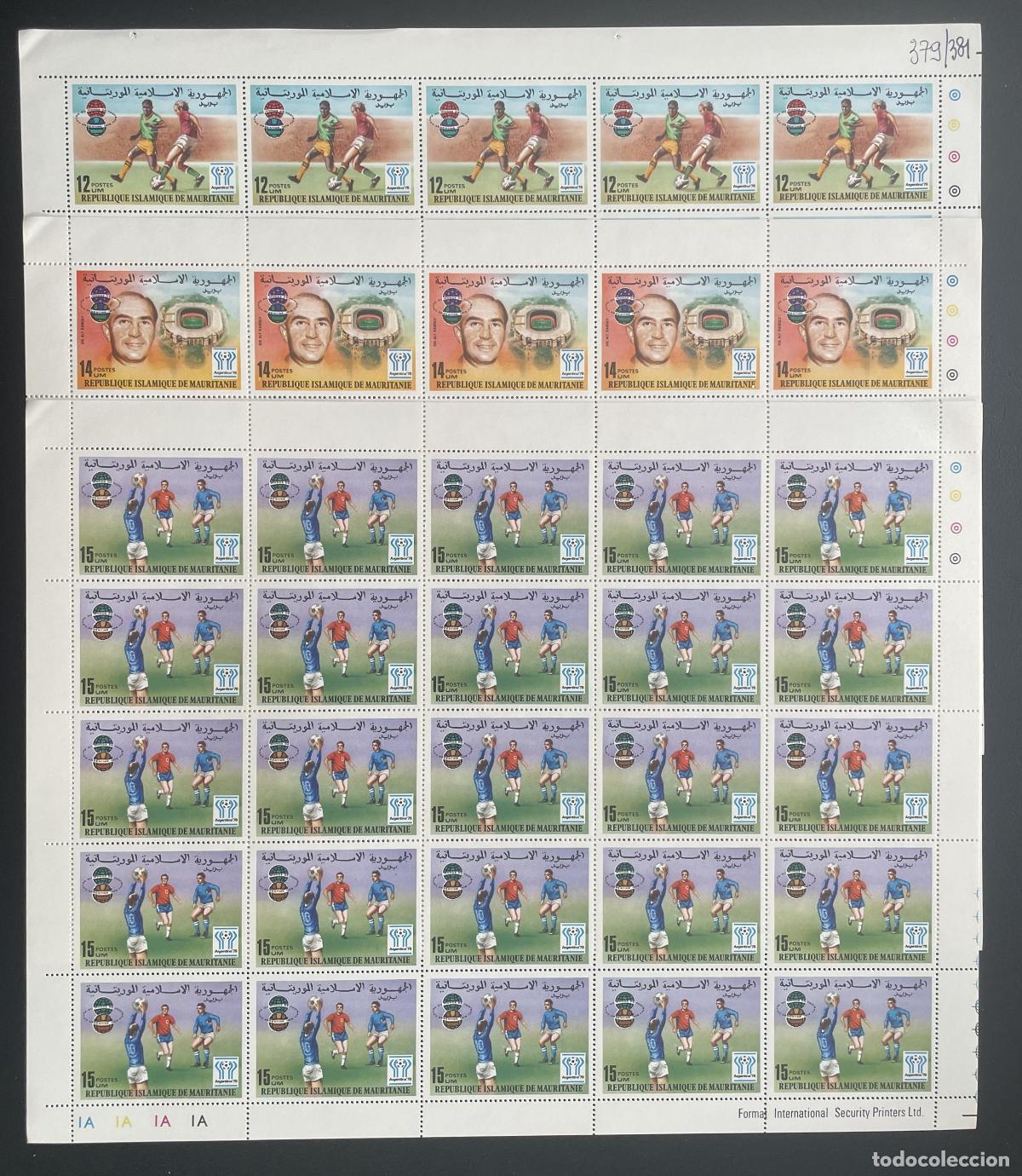 Sellos: Mauritania 1977 YT 379-381 bloque f&uacute;tbol Copa Mundo Argentina 78 Ramsey