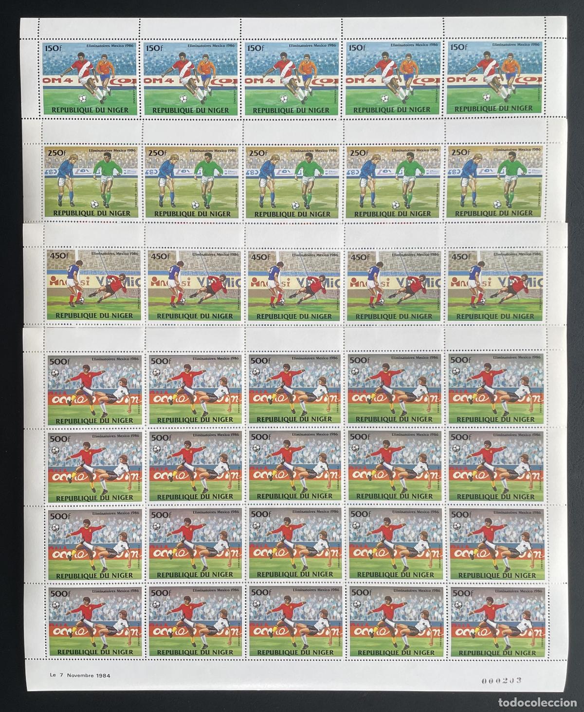 Sellos: N&iacute;ger 1984 YT PA 329-332 bloque f&uacute;tbol M&eacute;xico 1986 Copa Mundo deporte