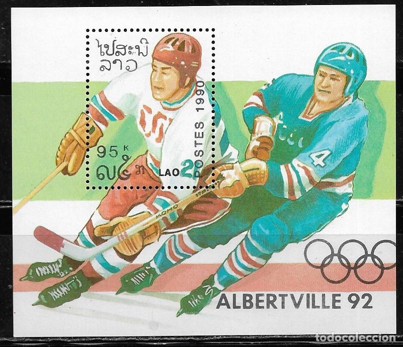 Sellos: LAOS 1990, HOJA BLOQUE Ivert 11 - JUEGOS OL&Iacute;MPICOS ALBERTVILLE 92. MNH.
