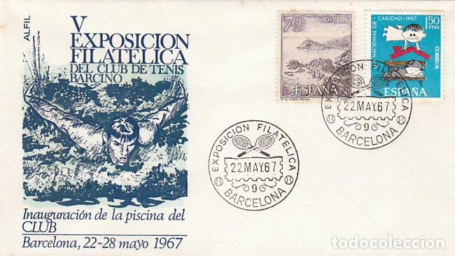 Sellos: A&ntilde;o 1967, inauguracion de la piscina del Club de tenis Barcino, en sobre de Alfil