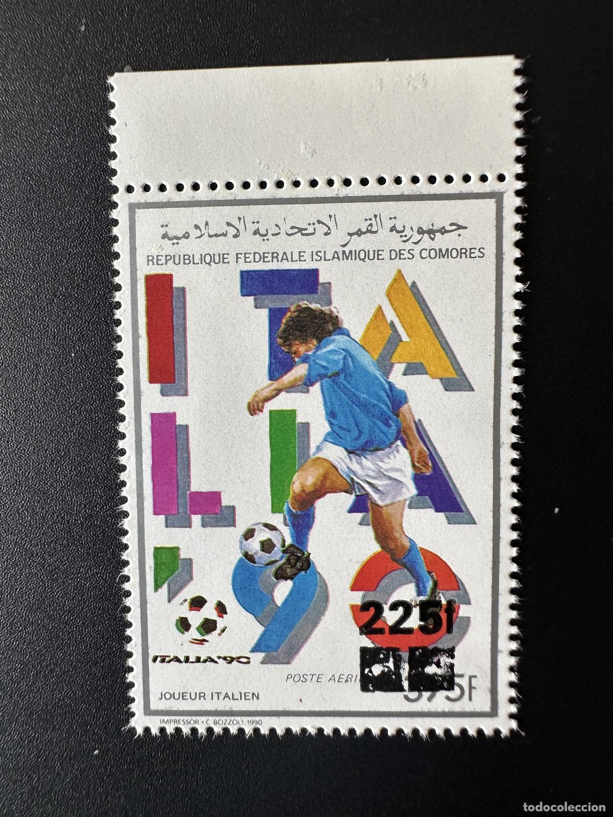 Sellos: Comoras 1995 Mi. 1110 225F en 375F Copa Mundial de F&uacute;tbol FIFA Italia sobrecargado
