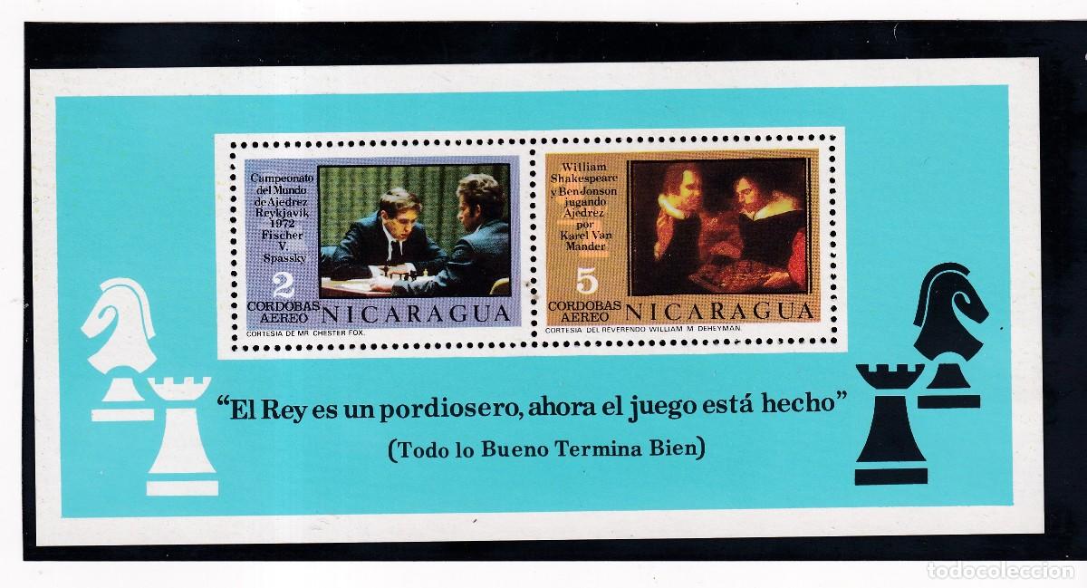 Sellos: AJEDREZ CHESS - NICARAGUA - HB 126 -CAMPEONATO DEL MUNDO 1976 - FISCHER V. SPASSKY - AEREO PERFORADO