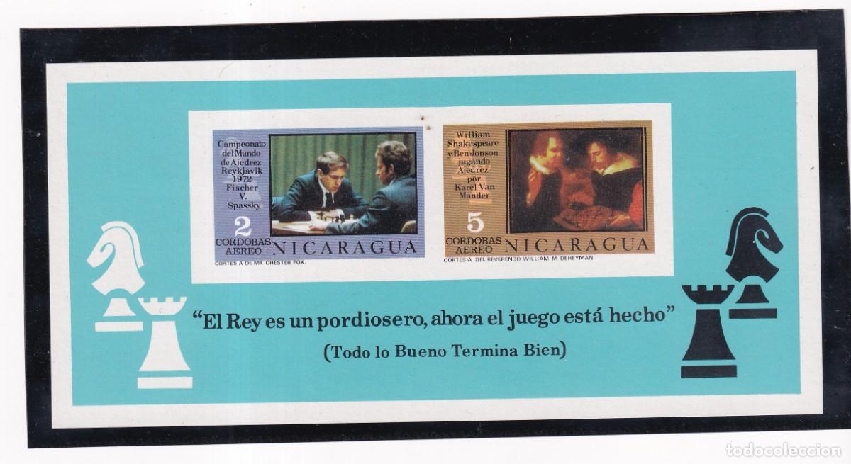 Sellos: AJEDREZ CHESS - NICARAGUA - HB 126 -CAMPEONATO DEL MUNDO 1976 - FISCHER V. SPASSKY - SIN PERFORAR