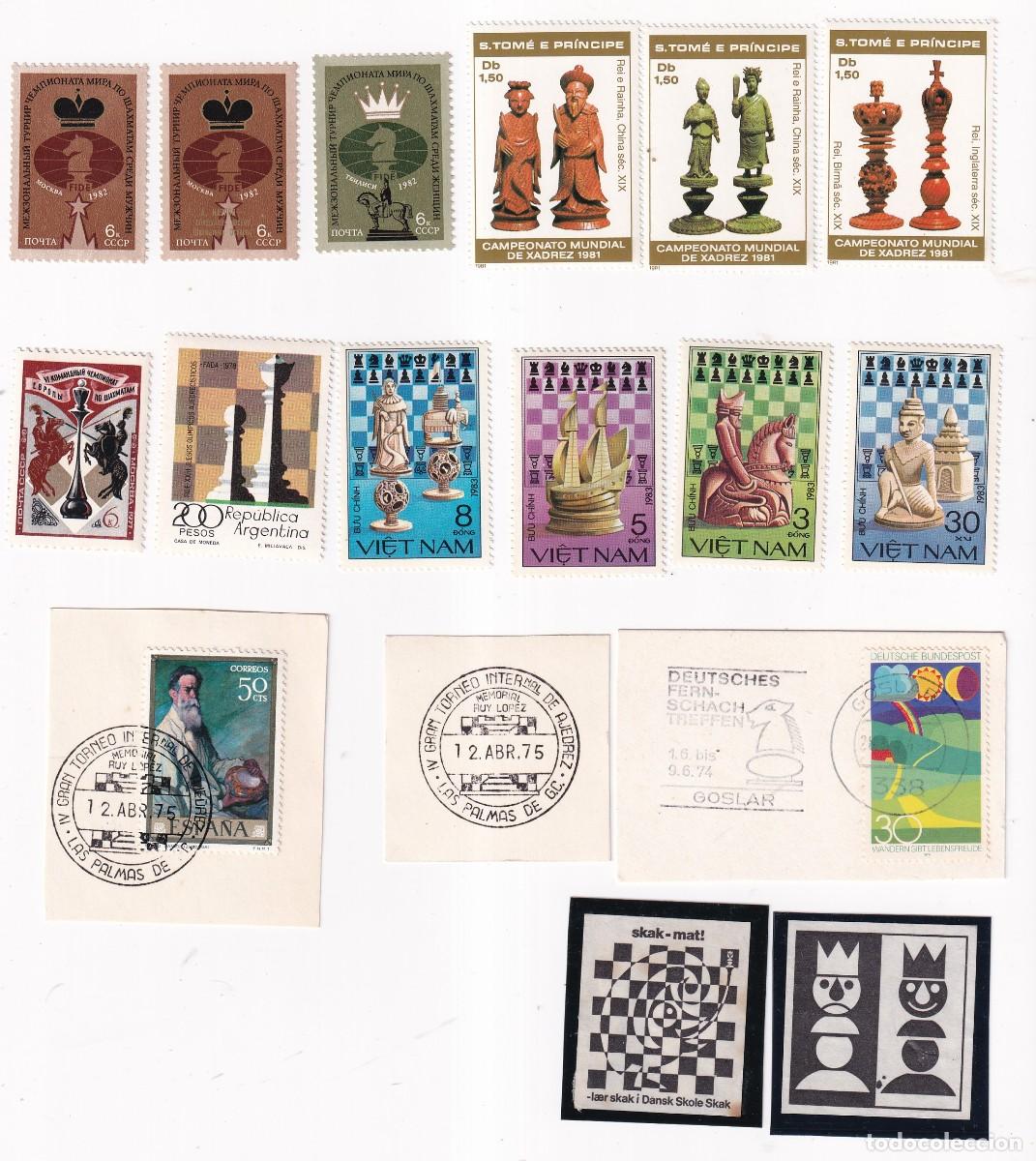 Sellos: AJEDREZ CHESS - LOTE DE 15 SELLOS - S.TOM&Eacute; Y PRINCIPE,RUSIA,VIETNAM,ETC + RECORTES CON MATASELLOS