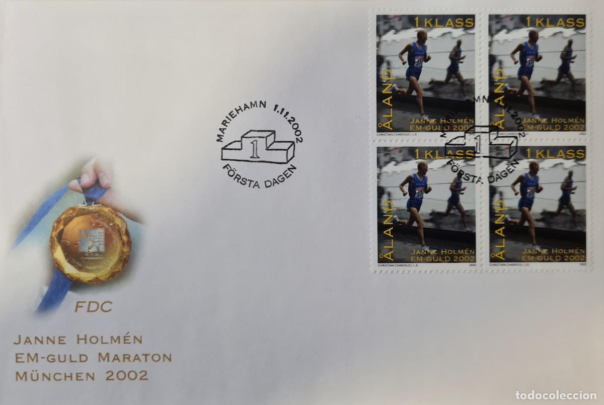 Sellos: Sobre de primer d&iacute;a de Aland 2002: Janne Holm&eacute;n, medalla de oro de la marat&oacute;n de Munic 2002