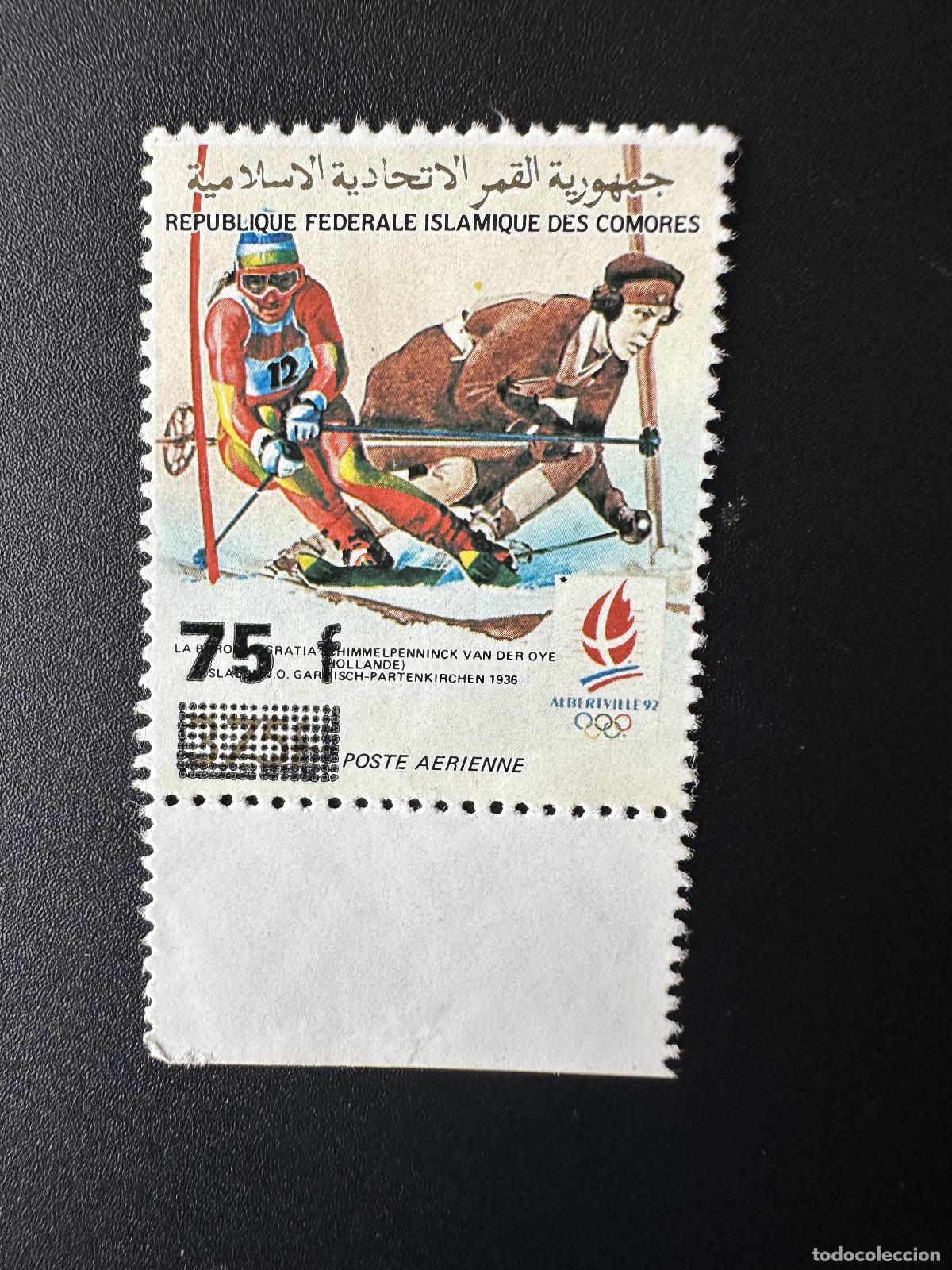 Sellos: Comoras 1992 Mi. 1087 SIN goma 75F Juegos Ol&iacute;mpicos Albertville Esqu&iacute; sobrecargado