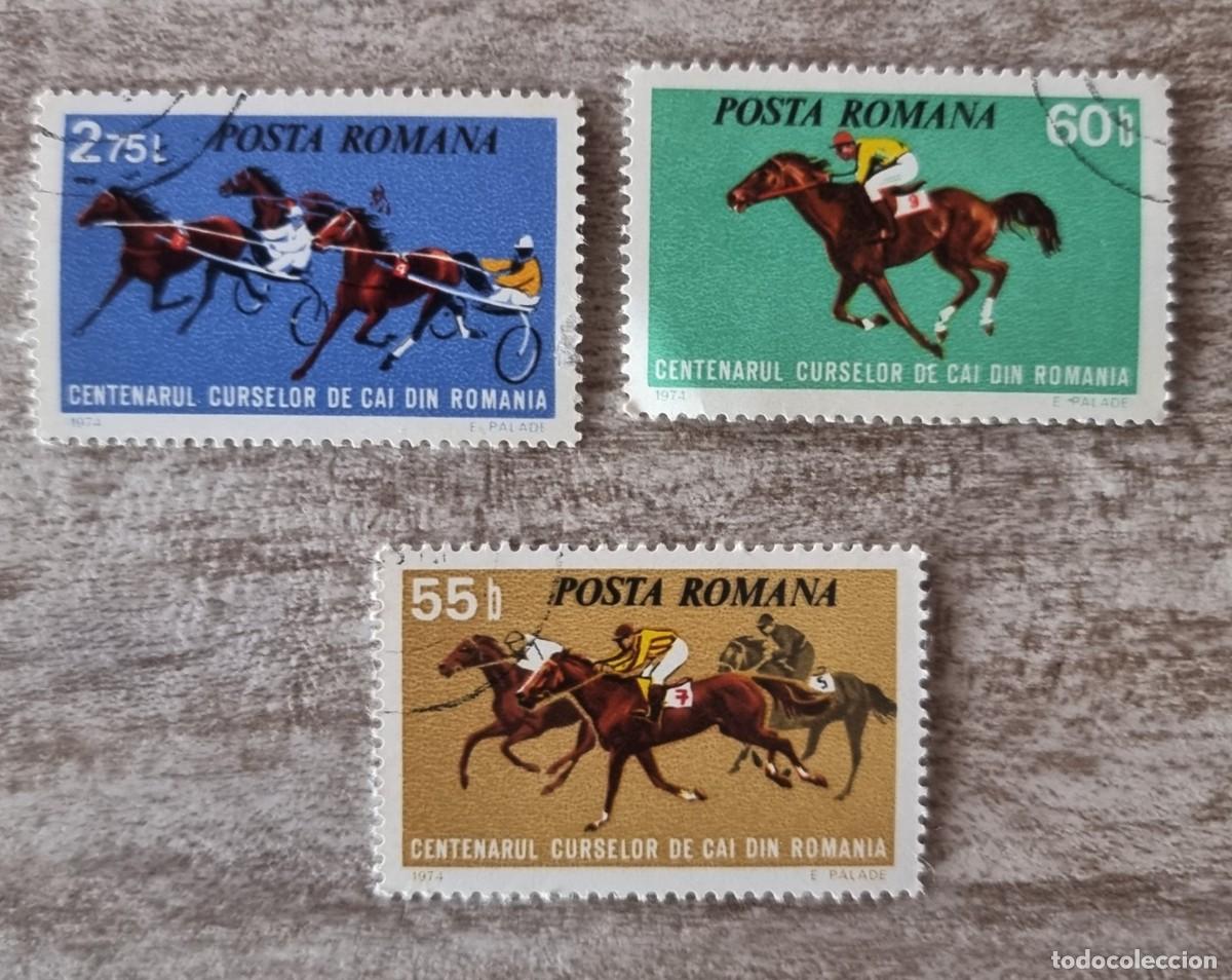 Sellos: 3 SELLOS USADOS RUMANIA 1974 100 ANIVERSARIO CARRERA DE CABALLOS