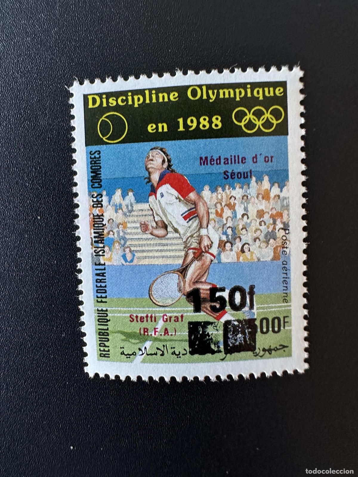 Sellos: Comoras 1994/1995 Mi. 1098 150F Juegos Ol&iacute;mpicos de Se&uacute;l 1988 Tenis sobrecargado