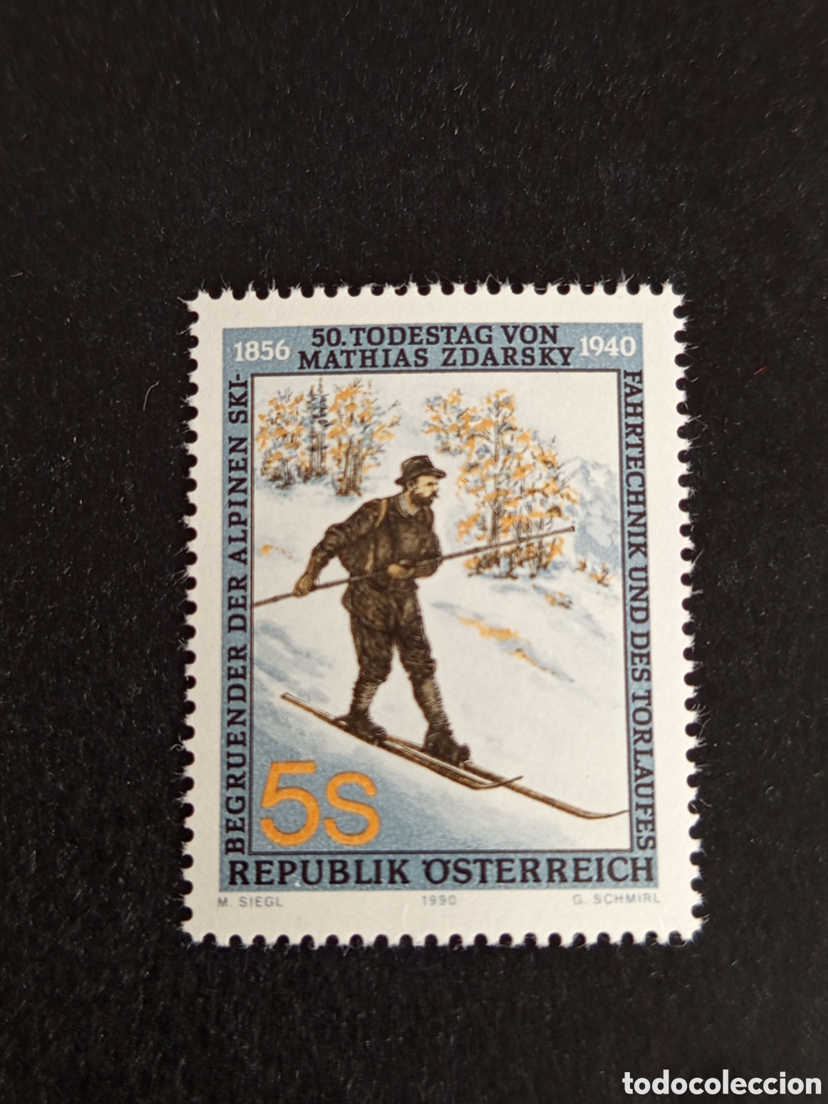 Sellos: AUSTRIA, 1990. Deportes: ski alpino. Mathias Zdarsky. Yvert 1827. Pedido m&iacute;nimo 3 &euro;. Ver fotos .
