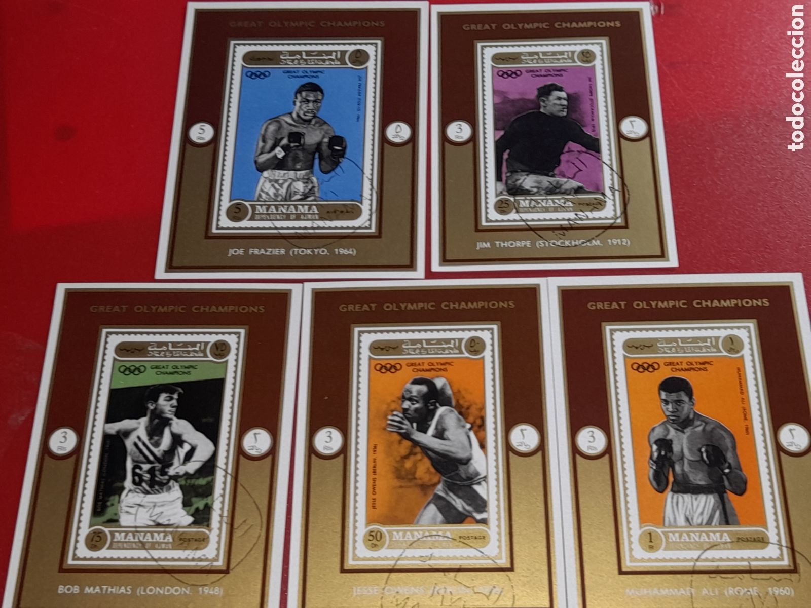 Sellos: HB Manama (E.A.U) mtdo 1971. Campeones olimpiada. Deporte. Boxeo. Atletas. F&uacute;tbol.