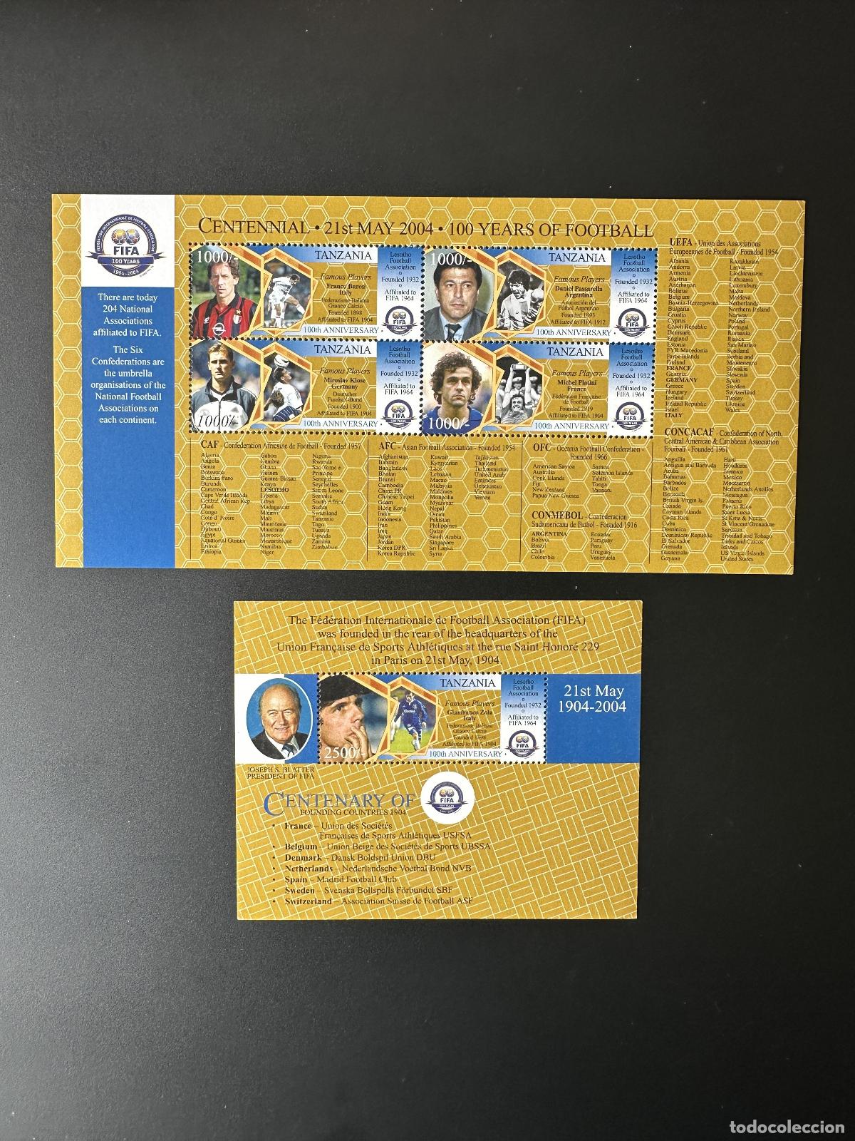 Sellos: Tanzania 2004 Mi. 4260 - 4263 Bl. 575 Aniversario deportivo del centenario f&uacute;tbol de la FIFA