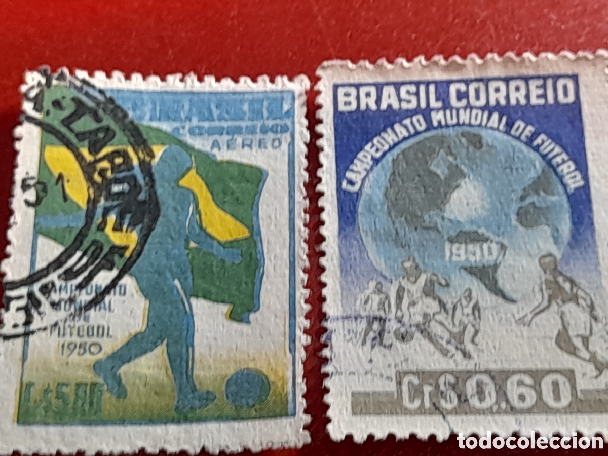 Sellos: Sello (2/3v) Brasil mtdo/udo 1950. Campeonato mundial f&uacute;tbol. Brasil. Deporte. Bandera.