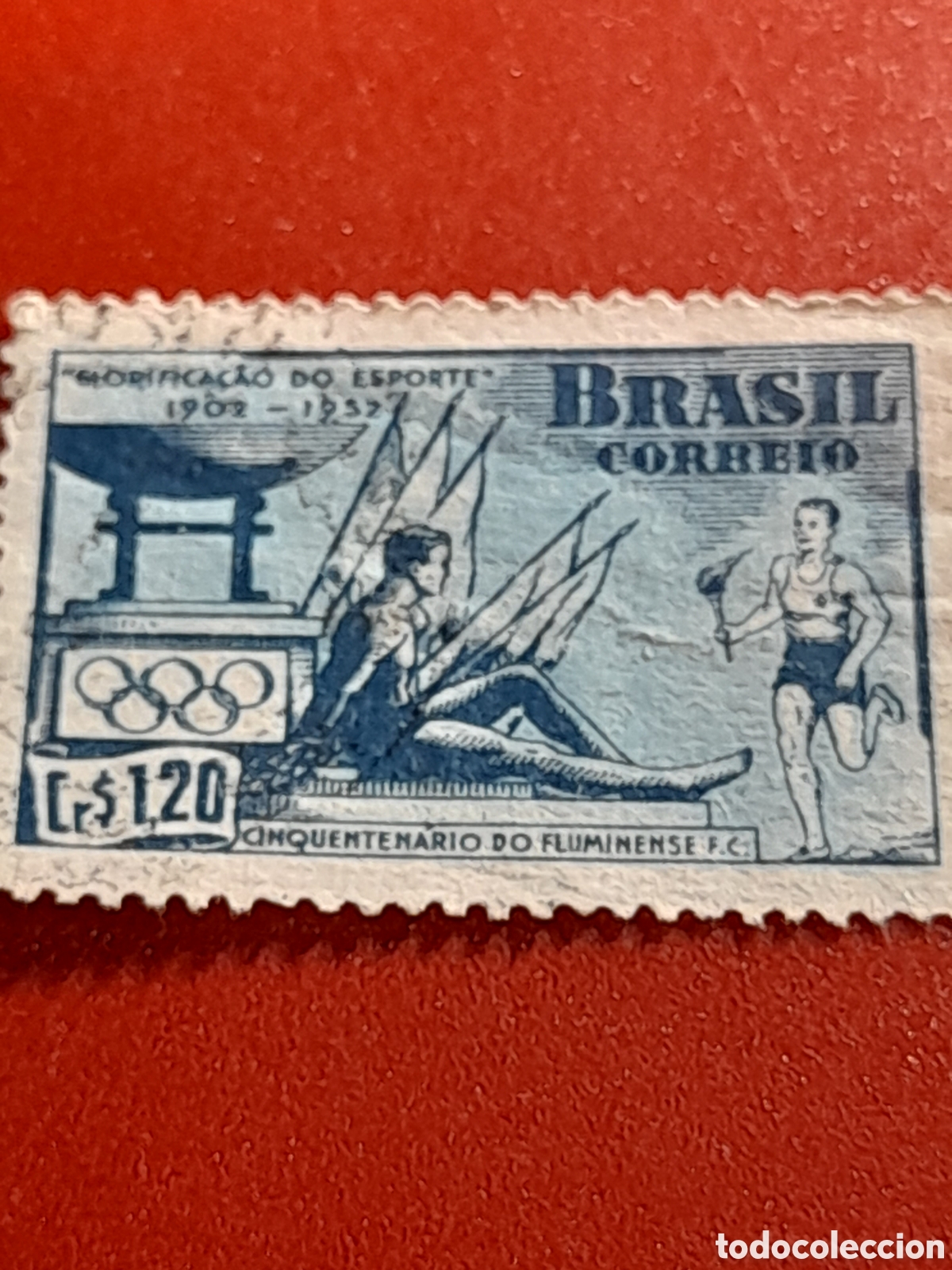 Sellos: Sello Brasil mtdo/udo 1952. 50Aniv Fluminense. F&uacute;tbol. Club. Deporte. Bandera. Pebetero