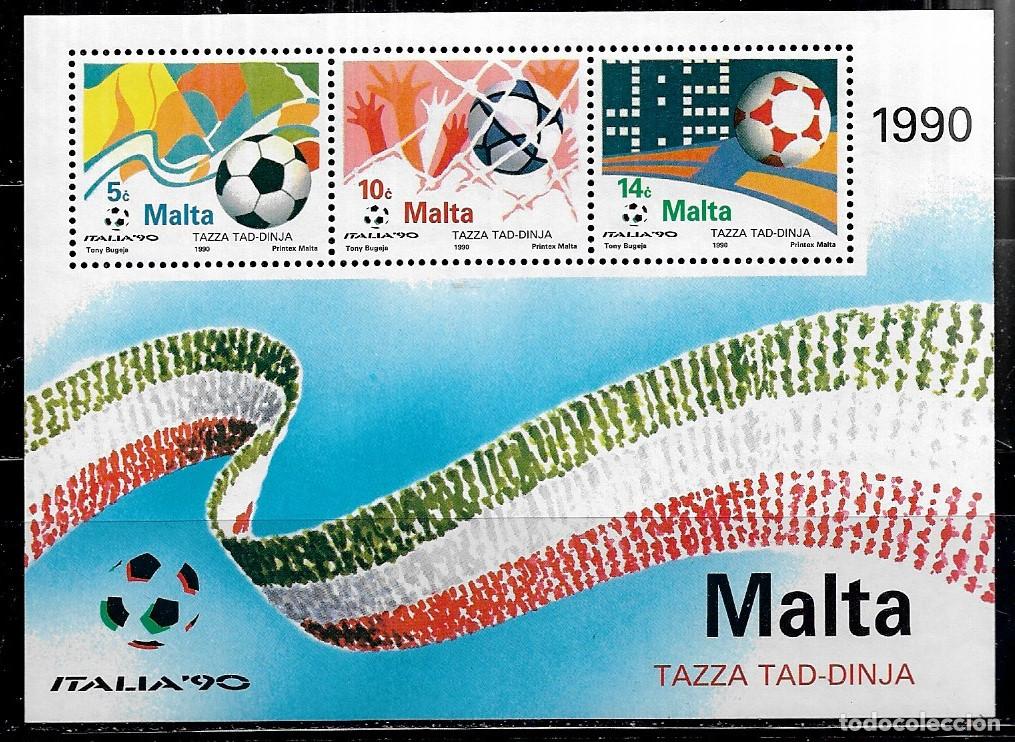 Sellos: MALTA 1990, HOJA BLOQUE Ivert 11 - CAMPEONATO MUNDIAL DE F&Uacute;TBOL ITALIA 90. MNH.
