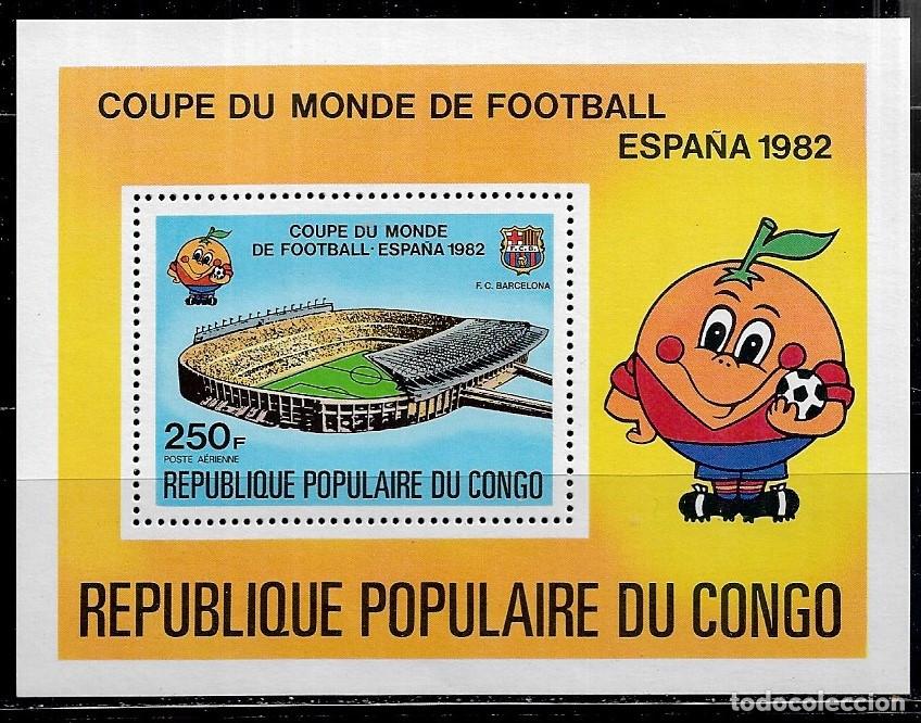 Sellos: CONGO 1980, HOJA BLOQUE Ivert 24 - CAMPEONATO MUNDIAL DE F&Uacute;TBOL ESPA&Ntilde;A 82. MNH.