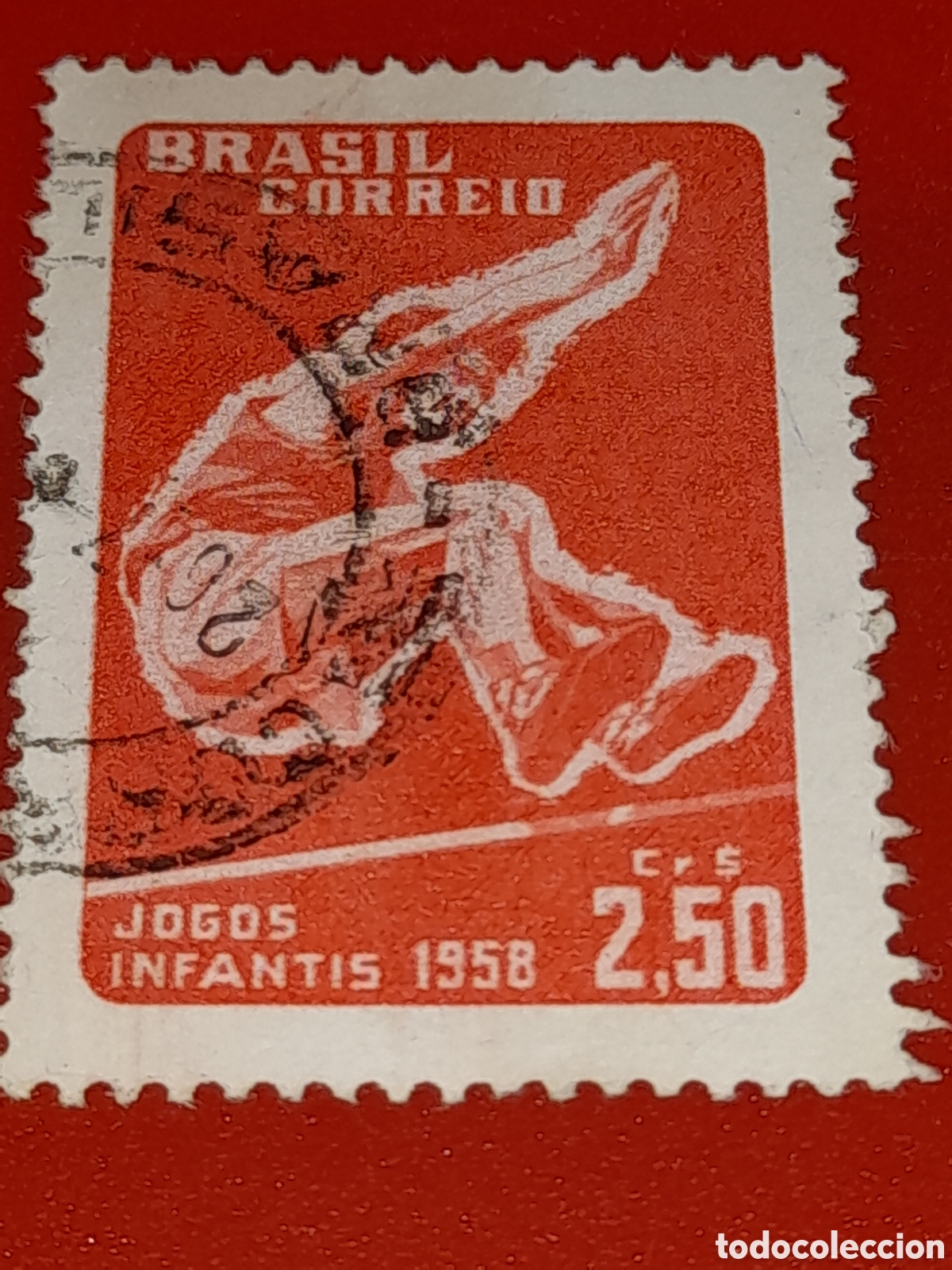 Sellos: Sello Brasil mtdo/udo 1958. 8 juegos deporte infancia. Juegos. Campeonato. Copa. Salt&oacute;.