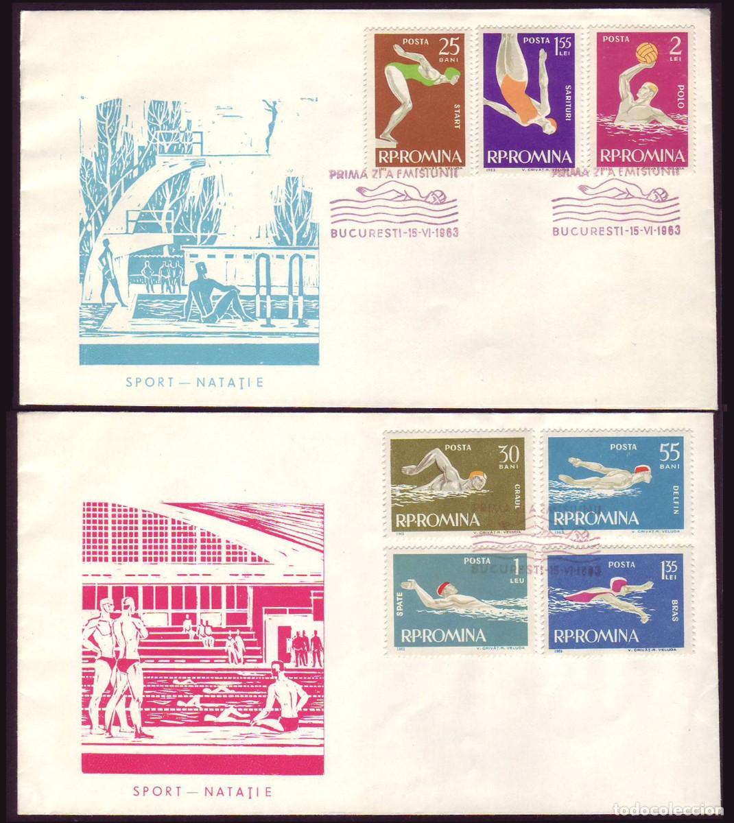 Sellos: 2 FDC Romania, 1963 | Water Sports | Yv: 1916/22, Mi: 2153/9, Sc: 1546/52