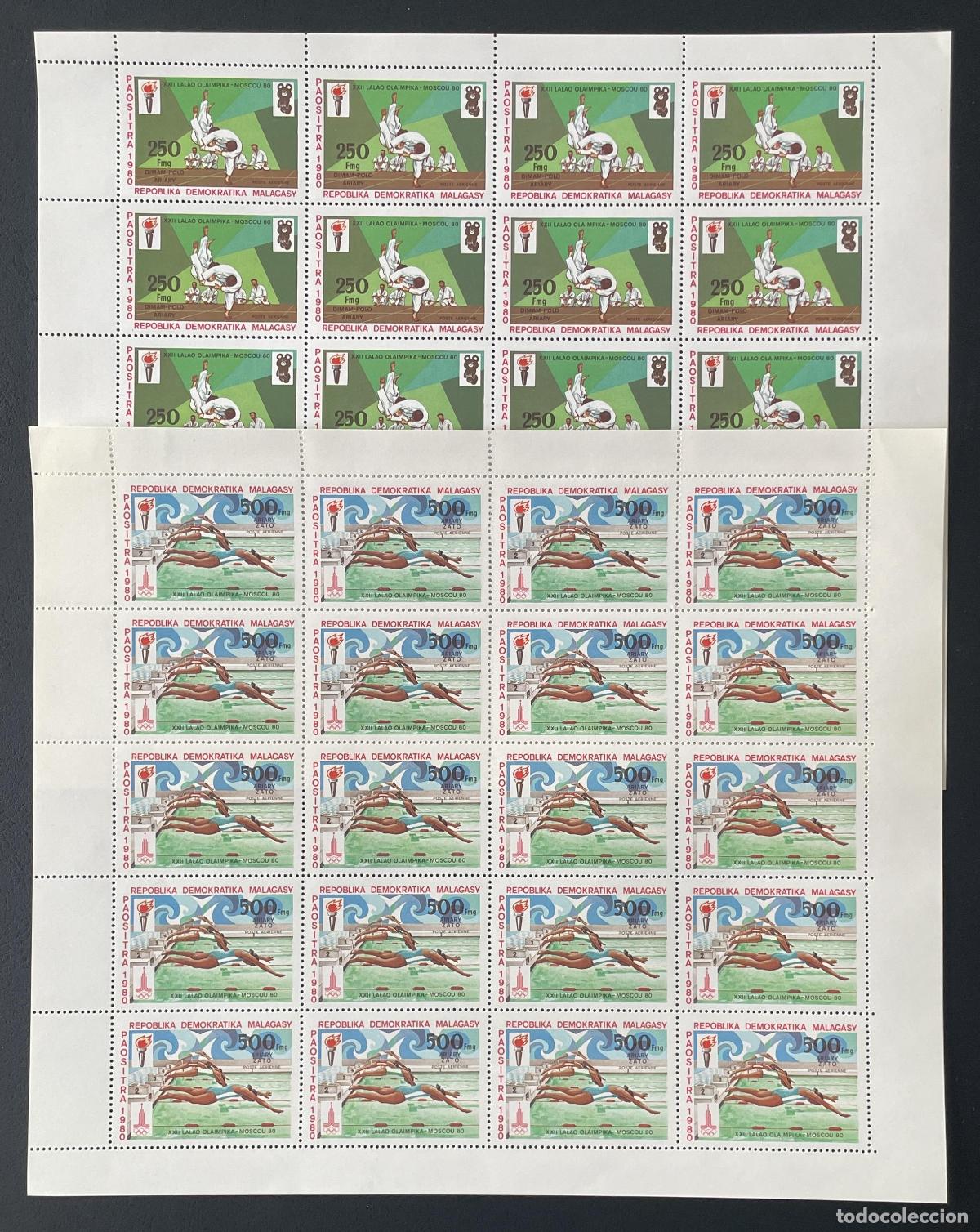 Sellos: Madagascar 1980 YT PA 180-181 bloque JJ.OO. Mosc&uacute; judo nataci&oacute;n