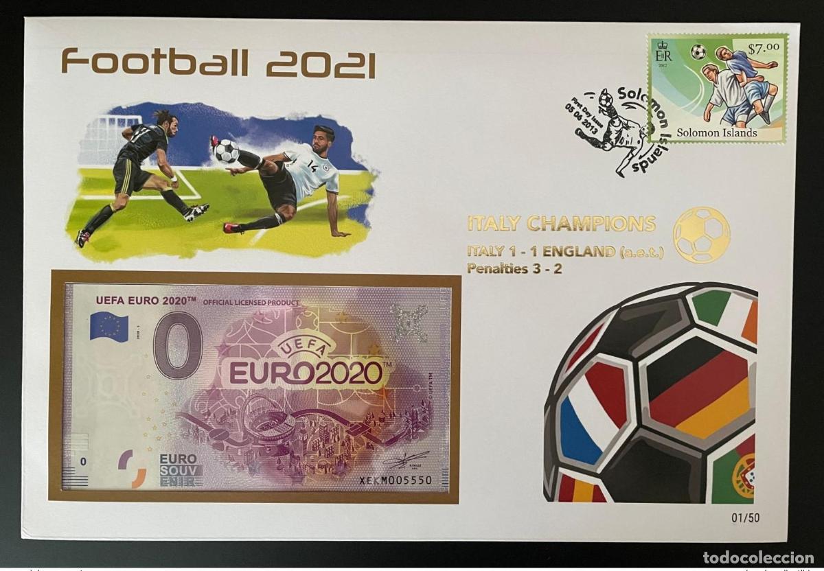 Sellos: Funda para billete de recuerdo en euros f&uacute;tbol 2021 Euro 2020 campe&oacute;n Italia Gold Solomon