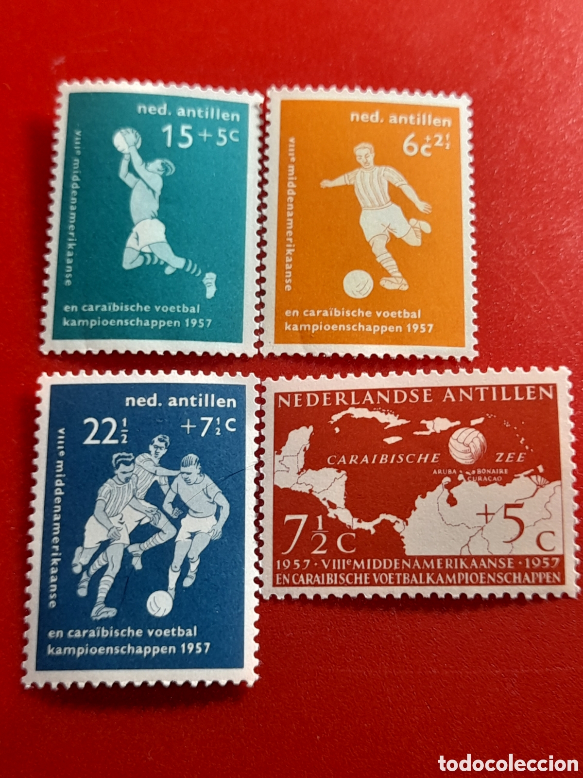 Sellos: Sello Antillas Holandesas nuevo 1957. Campeonato centroamericano f&uacute;tbol. Deporte. Copa. Juego.
