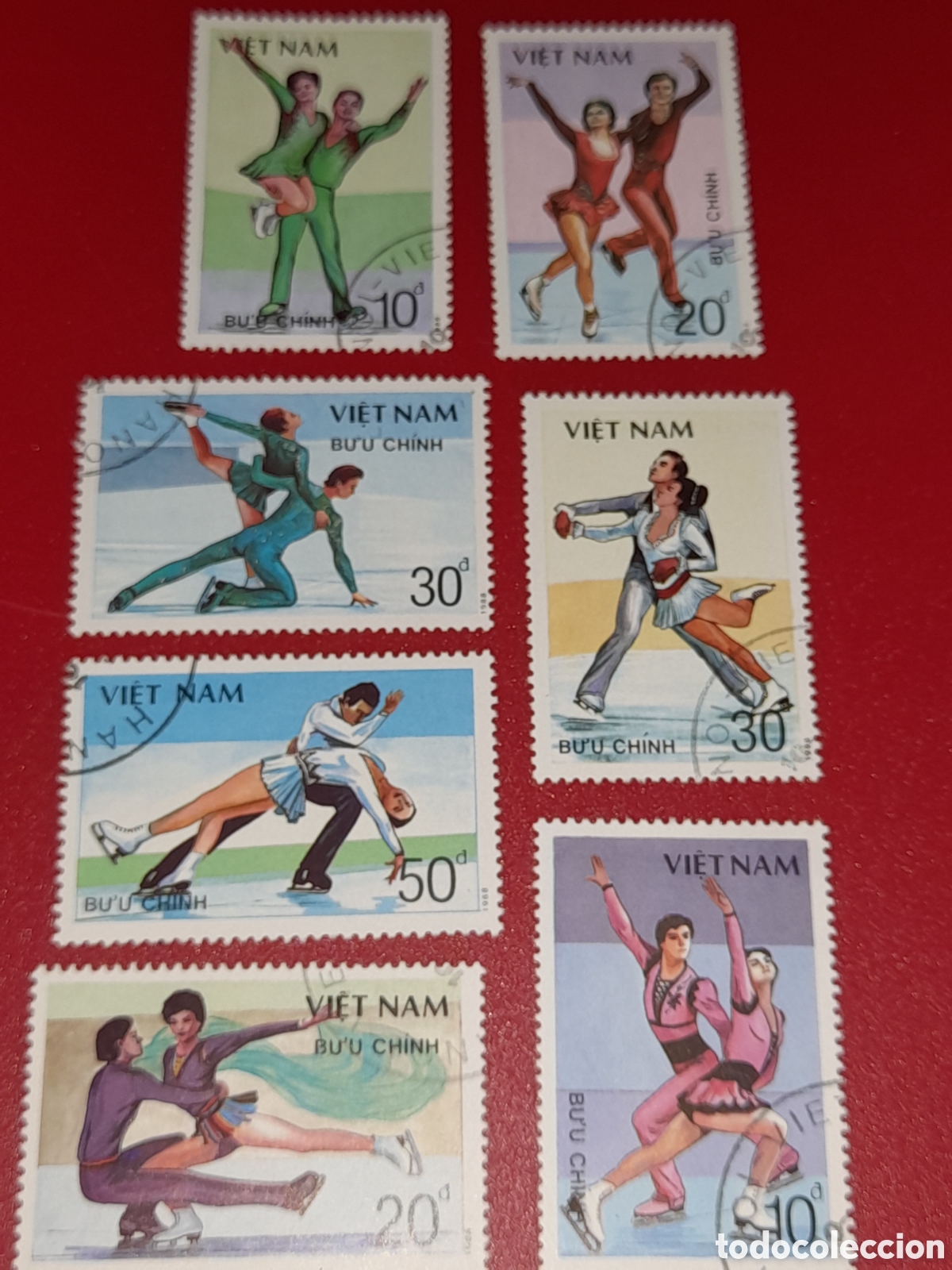Sellos: Sello Vietnam mtdo 1989. Patinaje art&iacute;stico. Deporte. Juego. Competici&oacute;n. Atletas. Hielo