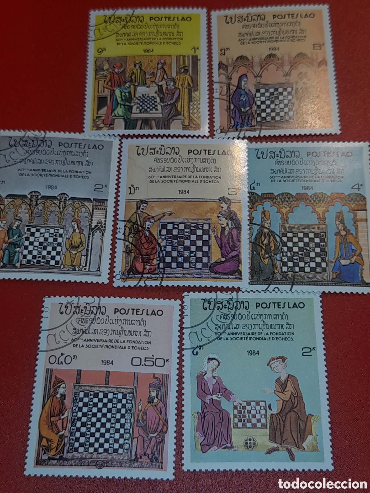 Sellos: Sello Laos mtdo 1984. 60Aniv Federaci&oacute;n mundial ajedrez. Arte. Deporte. Escenas medieval. Folclore.