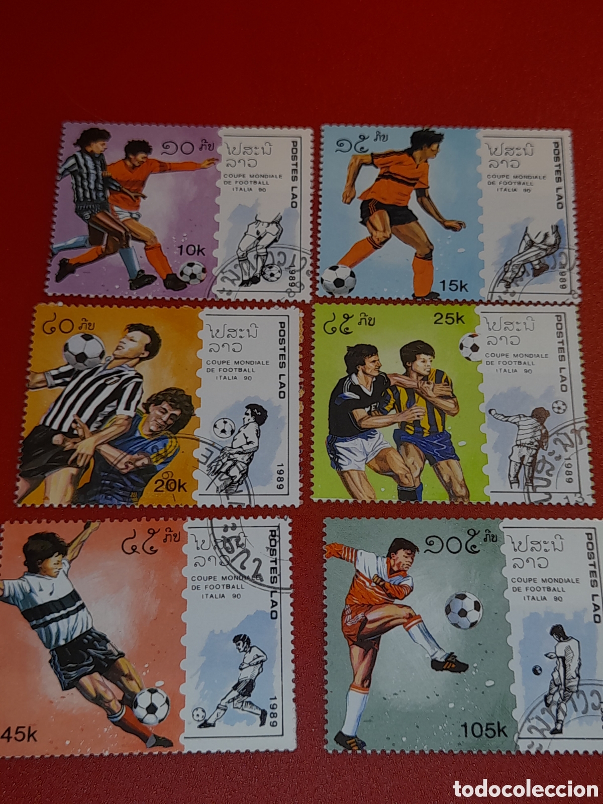 Sellos: Sello Laos mtdo 1989. Campeonato mundial f&uacute;tbol. Italia,90. Deporte. Atletas. Selecci&oacute;n. Bal&oacute;n.