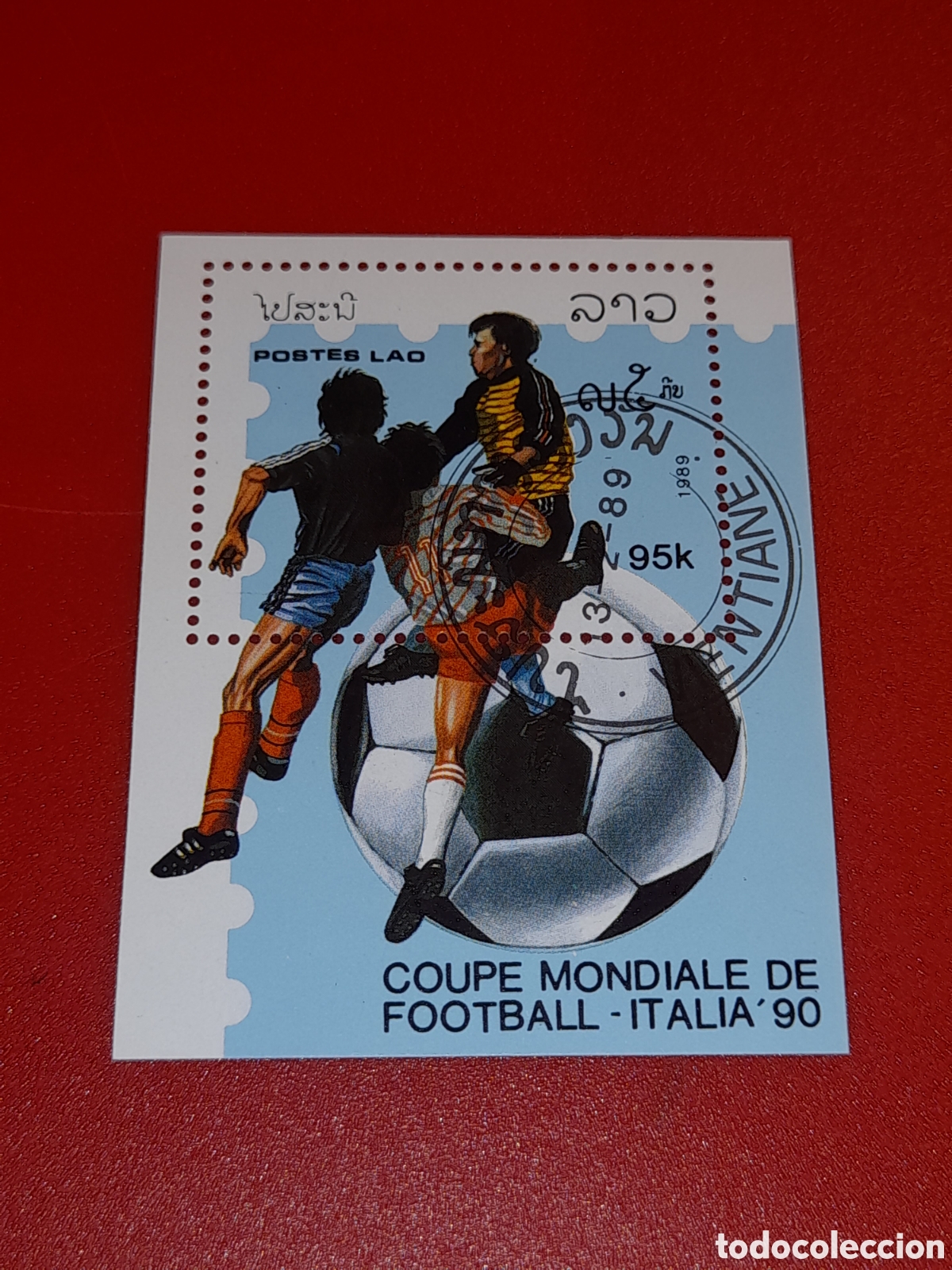 Sellos: HB Laos mtdo 1989. Campeonato mundial f&uacute;tbol. Italia,90. Deporte. Atletas. Selecci&oacute;n. Bal&oacute;n.
