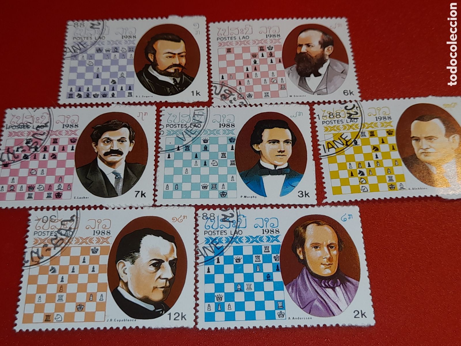Sellos: Sello Laos mtdo 1988. Maestros del ajedrez. Deporte. Arte. Capablanca. Segura. Murphy