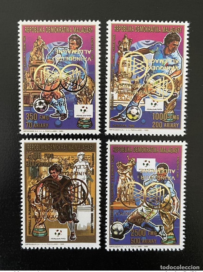 Sellos: Madagascar 1989/1993 DOUBLE INVERT Surch Mi. 1543 - 1546A Italia 1990 F&uacute;tbol