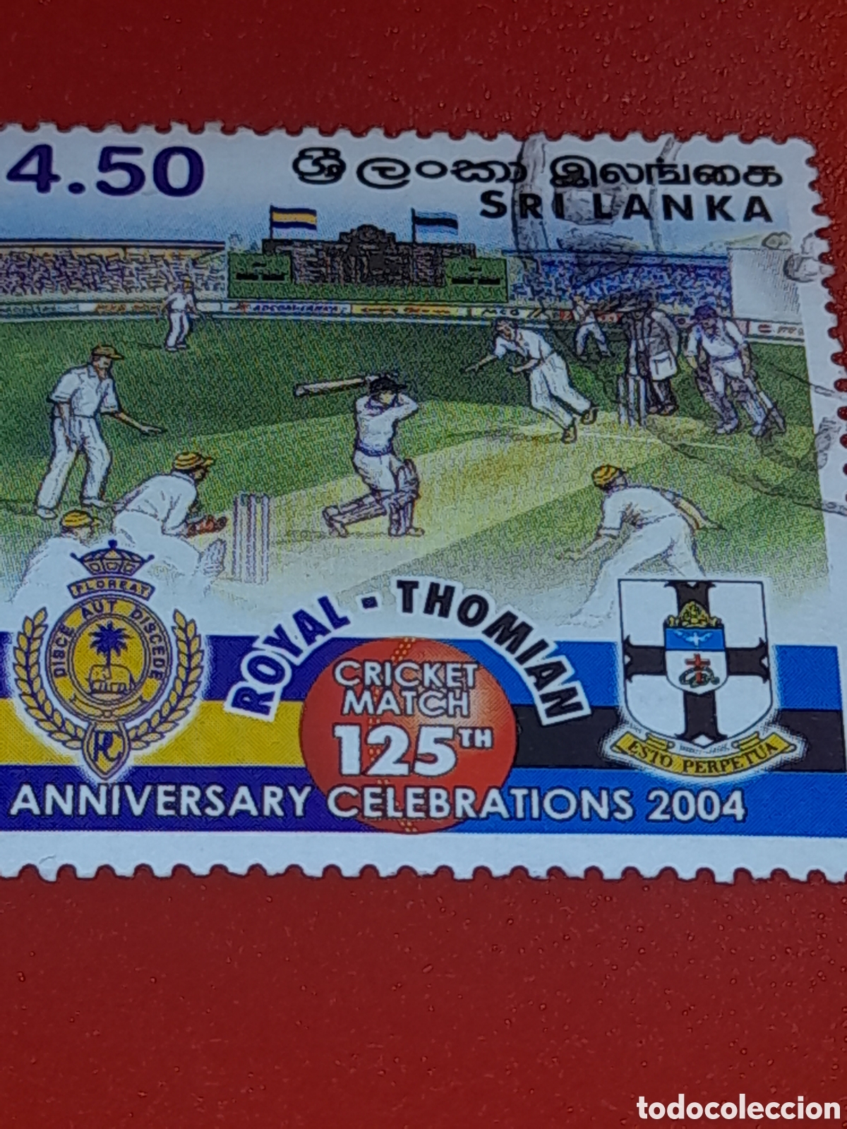 Sellos: Sello Sri Lanka mtdo 2004. 125Aniv partido cricket. Deporte. Copa. Competici&oacute;n. Estadium. Bandera.