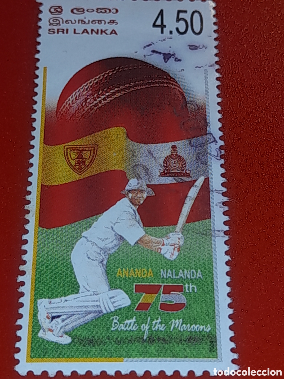 Sellos: Sello Sri Lanka mtdo 2004. 75Aniv partido cricket colegios. Deporte. Salud. Bandera. Escudo.