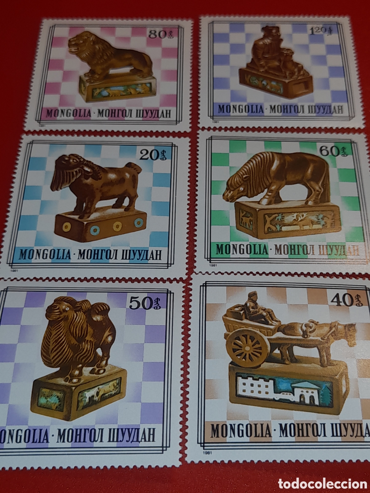 Sellos: Sello Mongolia nuevo 1981. Piezas ajedrez. Talla. Artesania. Tablero. Caballo. Deporte. Juego. Arte.
