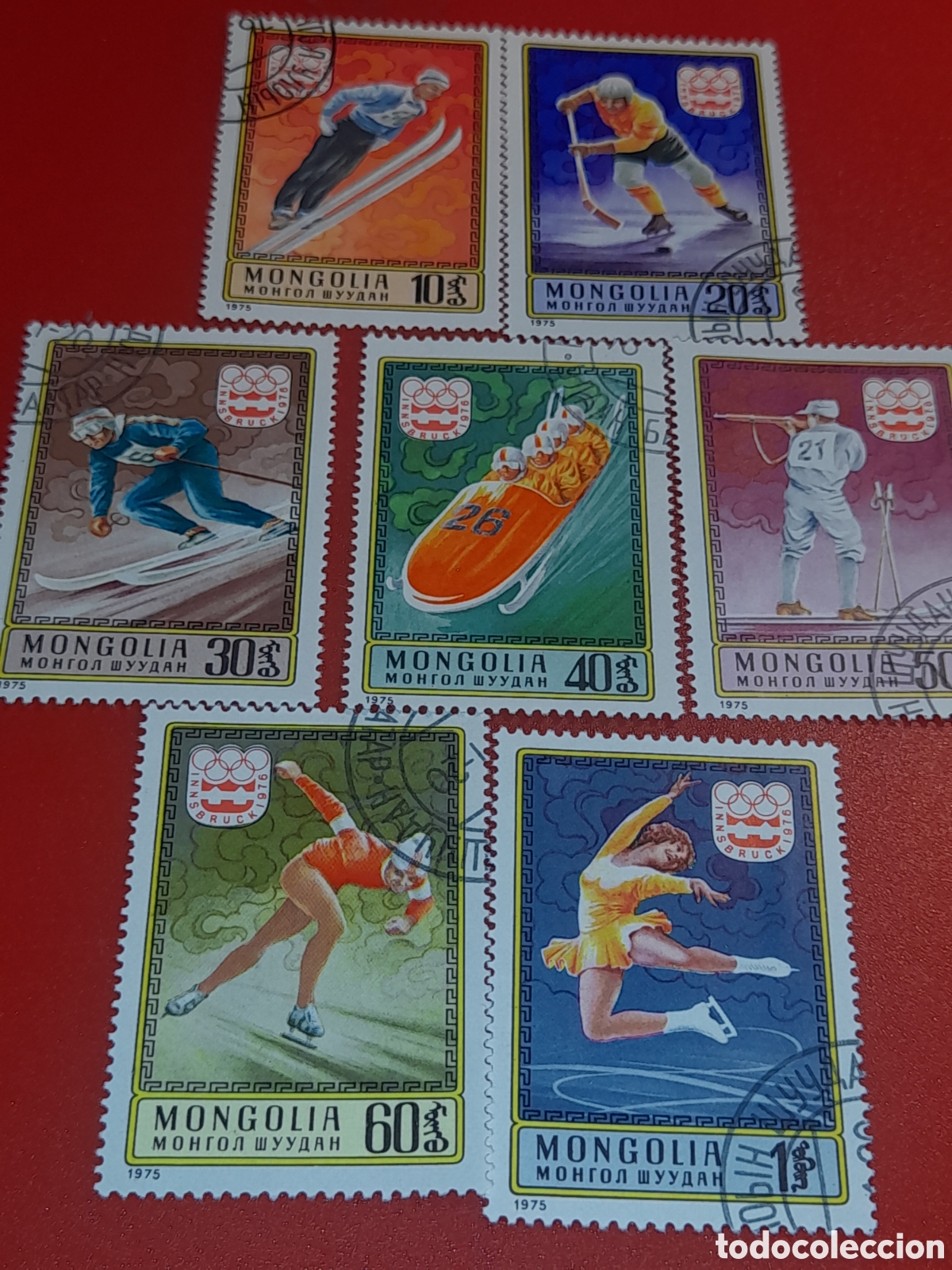 Sellos: Sello Mongolia mtdo 1975. Juegos olimpiada invierno. Innsbruck,76. Deporte. Esqu&iacute;. Trineo. Hockey. P