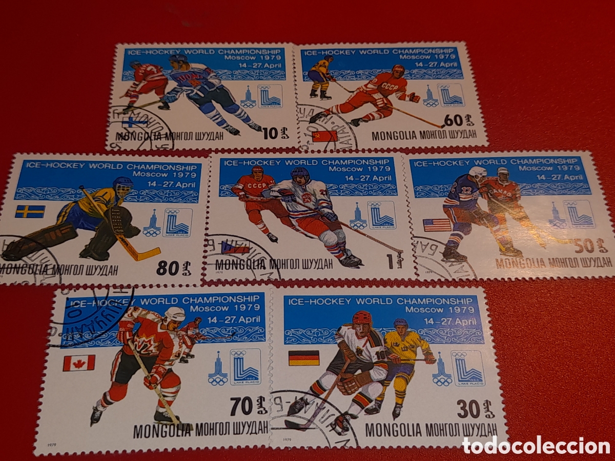 Sellos: Sello Mongolia mtdo 1979. Campeonato mundial hockey hielo. Deporte. Copa. Atletas. Banderas