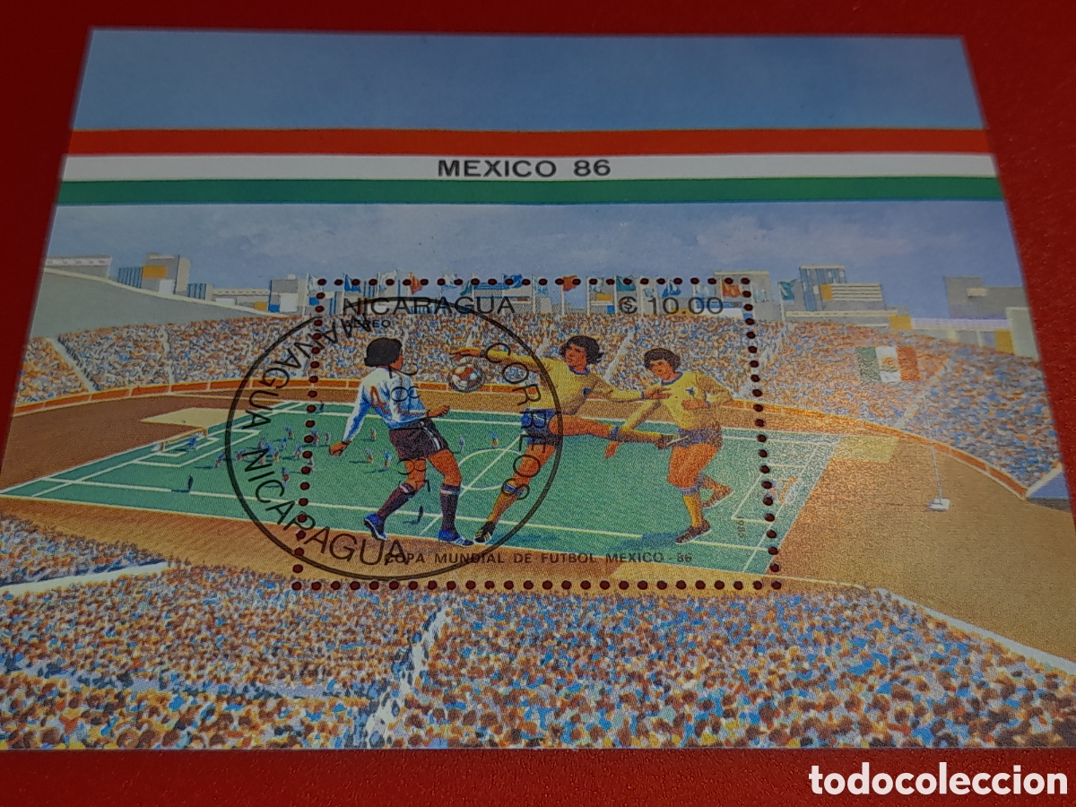 Sellos: HB Nicaragua mtdo 1985. Campeonato mundial f&uacute;tbol. M&eacute;xico,86. Deporte. Evoluci&oacute;n. Estadium. Bandera.