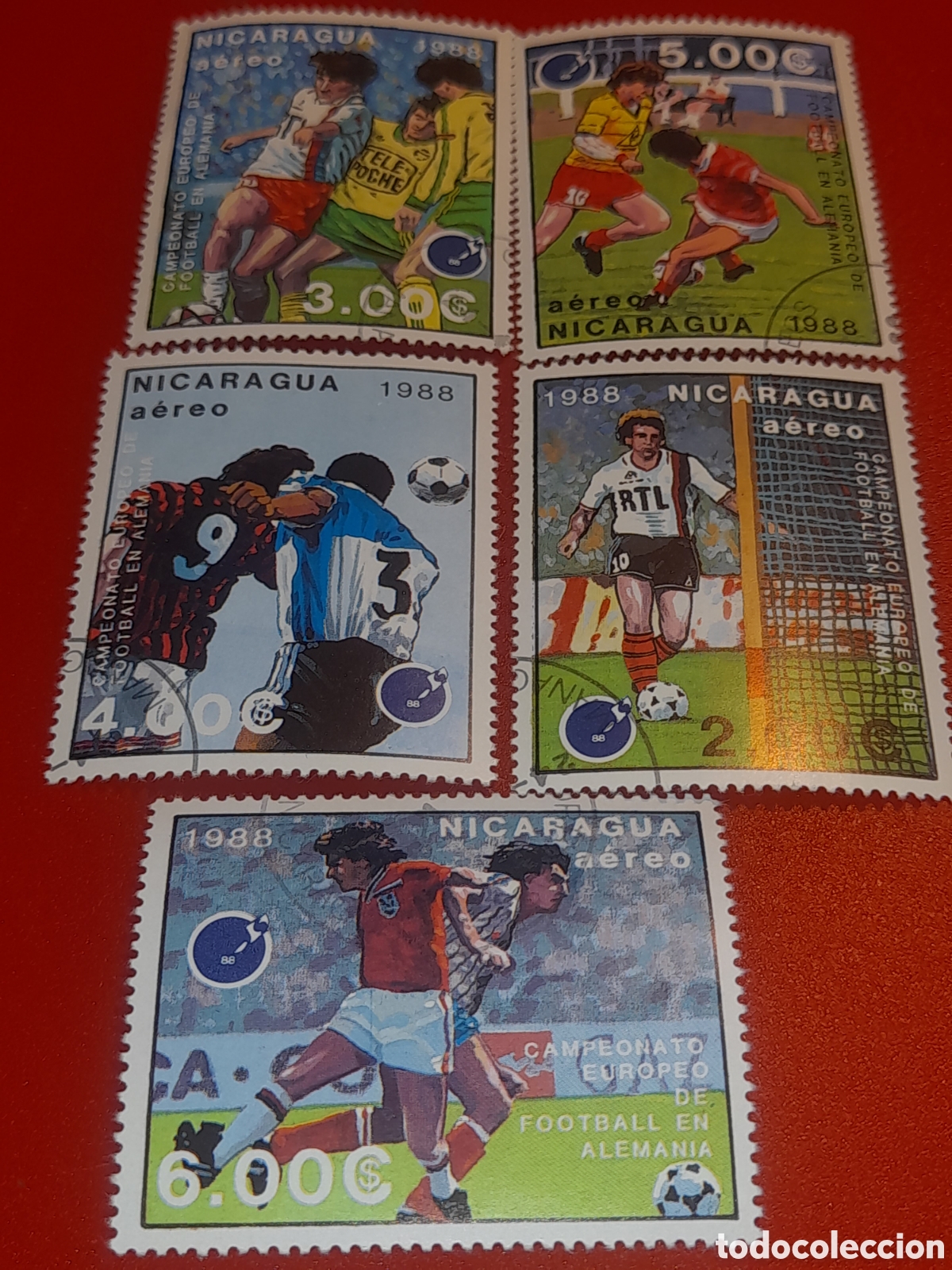 Sellos: Sello Nicaragua mtdo 1988. F&uacute;tbol. Campeonato selecciones. Exp Filt Inter. Deporte. Juego. Copa.