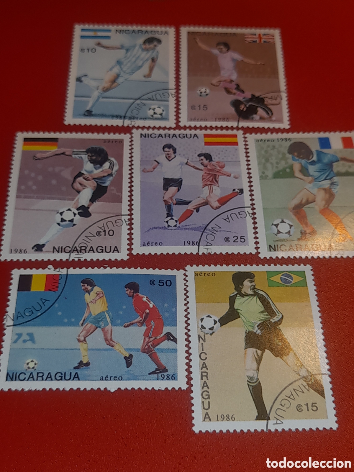 Sellos: Sello Nicaragua mtdo 1986. Campeonato mundial f&uacute;tbol. M&eacute;xico,86. Deporte. Juego. Banderas. Selecxio