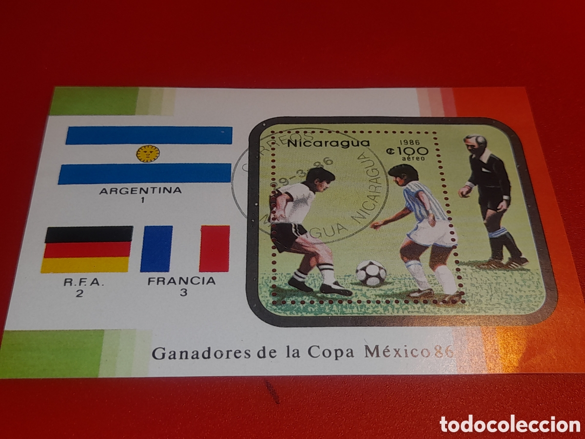 Sellos: HB Nicaragua mtdo 1986. Campeonato mundial f&uacute;tbol. M&eacute;xico,86. Deporte. Juego. Banderas. Selecxio