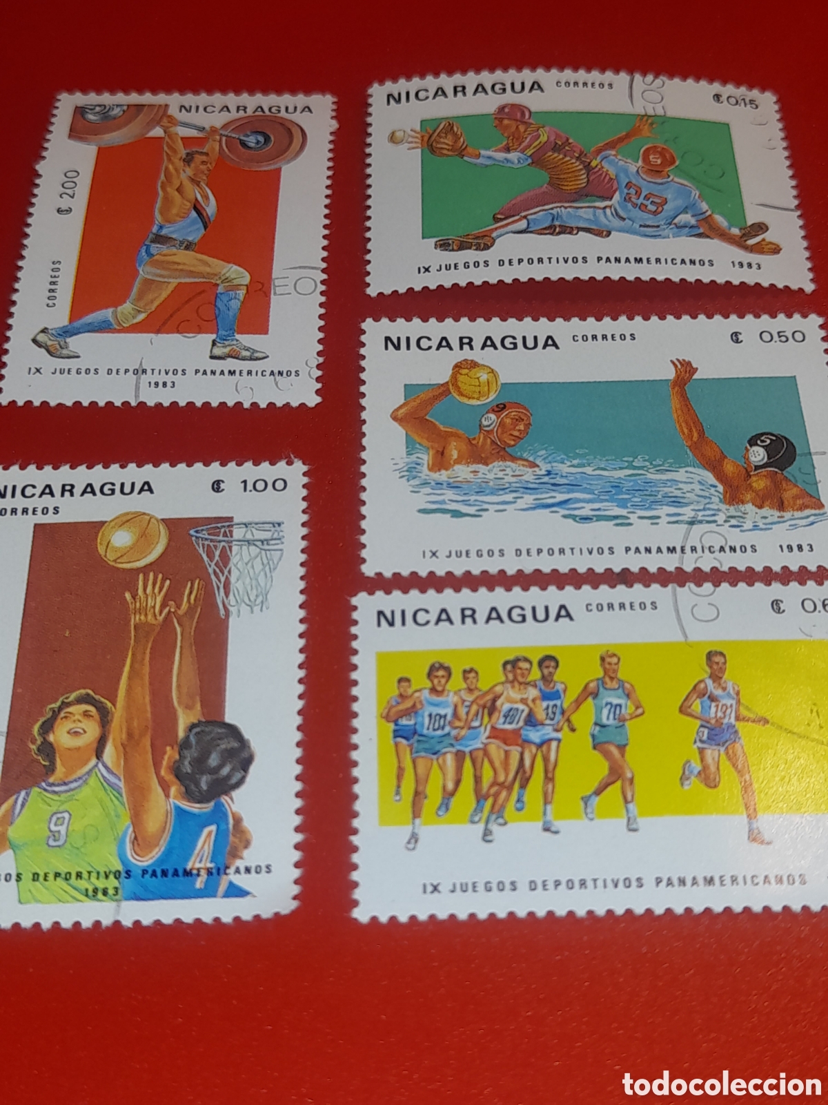 Sellos: Sello Nicaragua mtdo 1983. Juegos deporte panamericano. Juegos. Competici&oacute;n. Carreras. Halterofilia