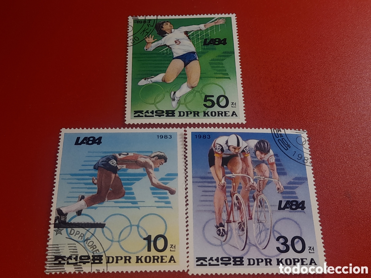 Sellos: Sello Corea Norte mtdo 1983. Juegos olimpiada Los Angeles. Deporte. Ciclismo Voleibol