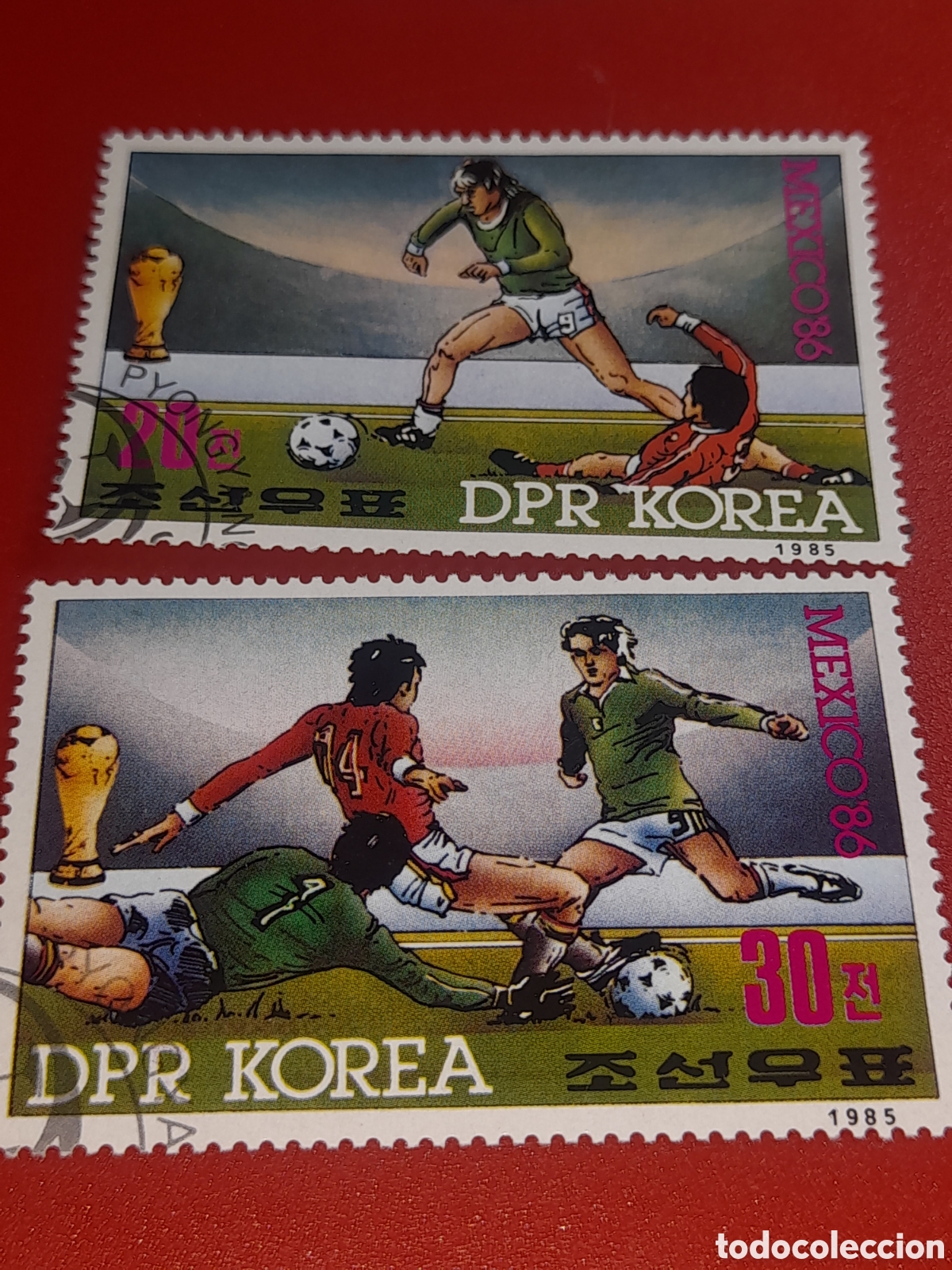 Sellos: Sello Corea Norte mtdo 1985. Campeonato mundial f&uacute;tbol. M&eacute;xico,86. Deporte. Atletas. Balon. Copa
