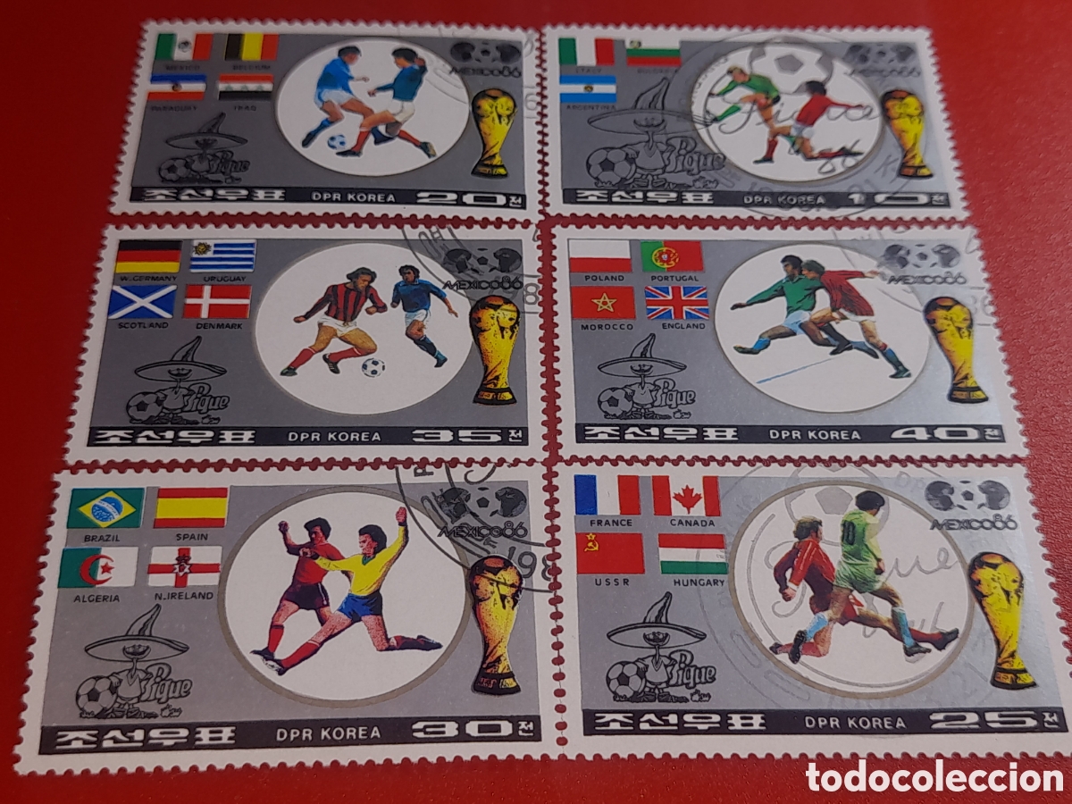Sellos: Sello Corea Norte mtdo 1986. Campeonato mundial f&uacute;tbol. M&eacute;xico,86. Deporte. Atletas. Banderas. Bal&oacute;n