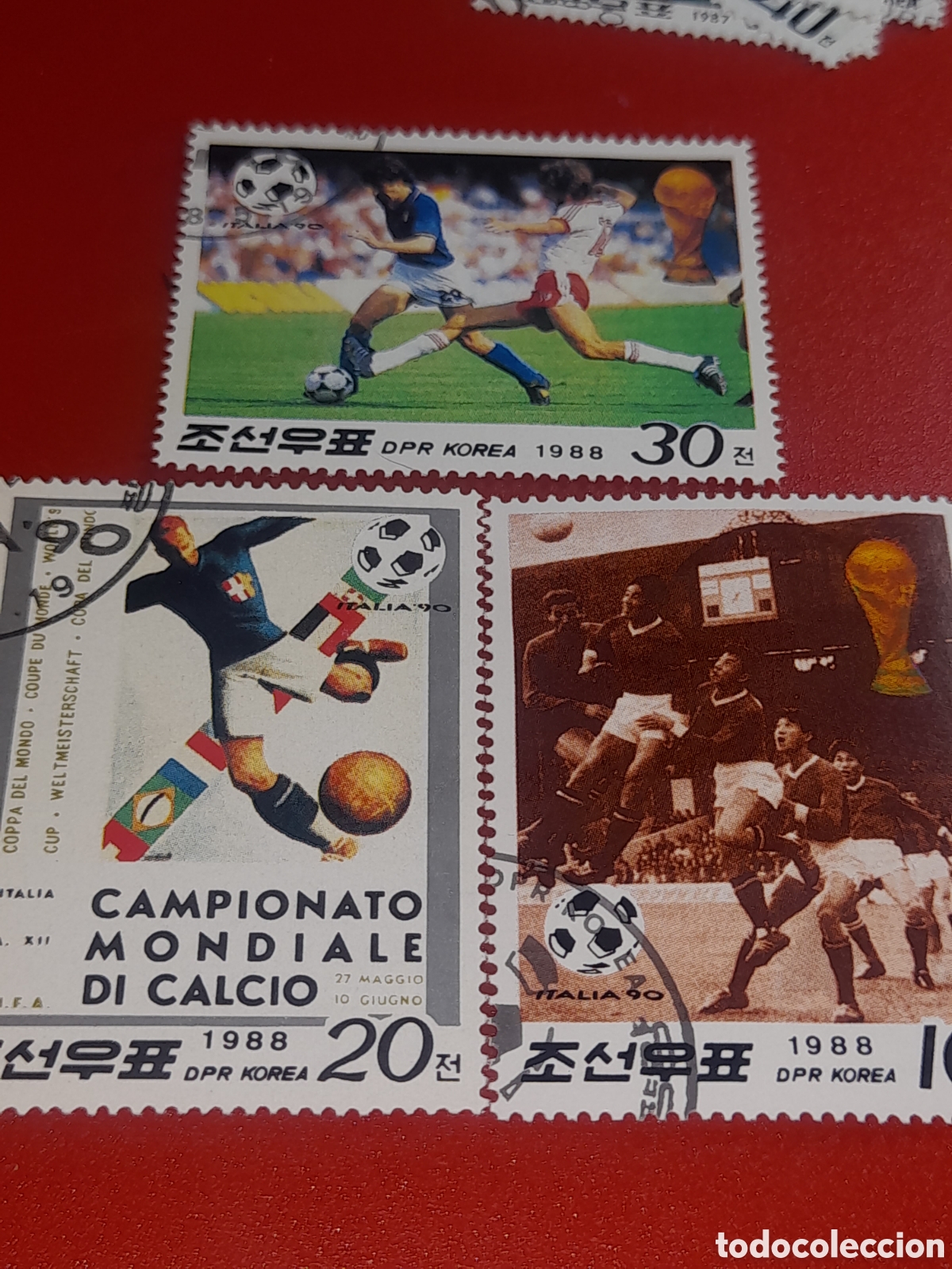 Sellos: Sello Corea Norte mtdo 1988. Campeonato mundial f&uacute;tbol. Italia,90. Deporte. Banderas. Selecci&oacute;n. Cop