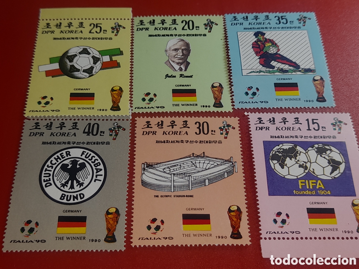 Sellos: Sello Corea Norte mtdo 1990. F&uacute;tbol. Alemania campeona mundial. Bandera. Estadium. Fundador. &Aacute;guila.
